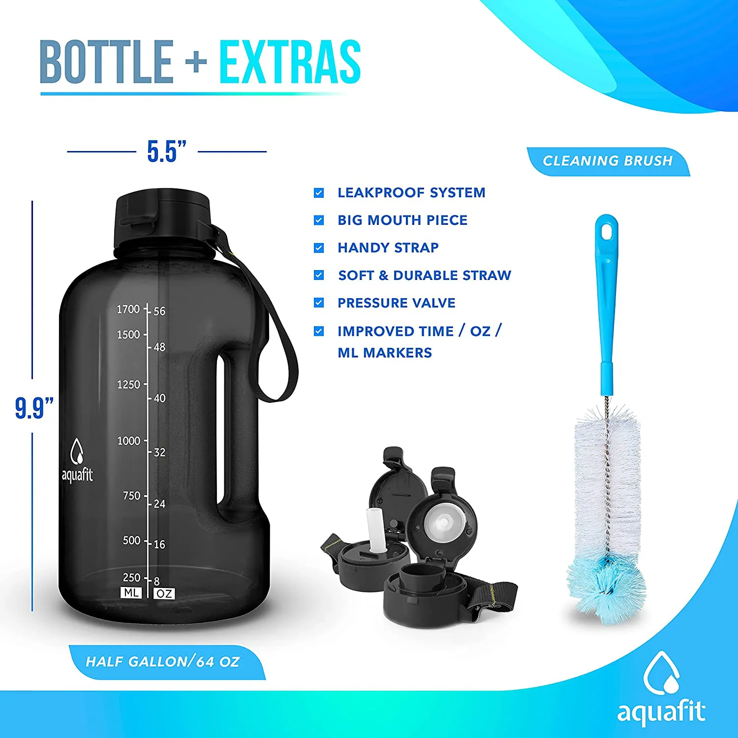 Rynx | AQUAFIT Half Gallon Water Bottle with Straw Half Gallon Water Jug Motivational Water Bottle 64 Ounce Water Bottle with Time Markers Large Water Bottle Big Water Bottle 1/2 Gallon Water Jug Large Water Jug Gray