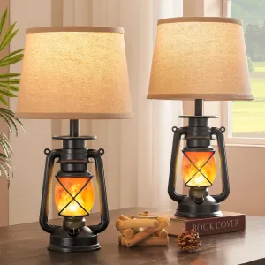Rynx | Lediary 18.72" Black Led Lantern Flaming Flame Table Lamps For Bedroom Set Of 2, Small Country Rustic End Table Lamps, Halloween Decorative Lantern Nightstand Lamps For Living Room