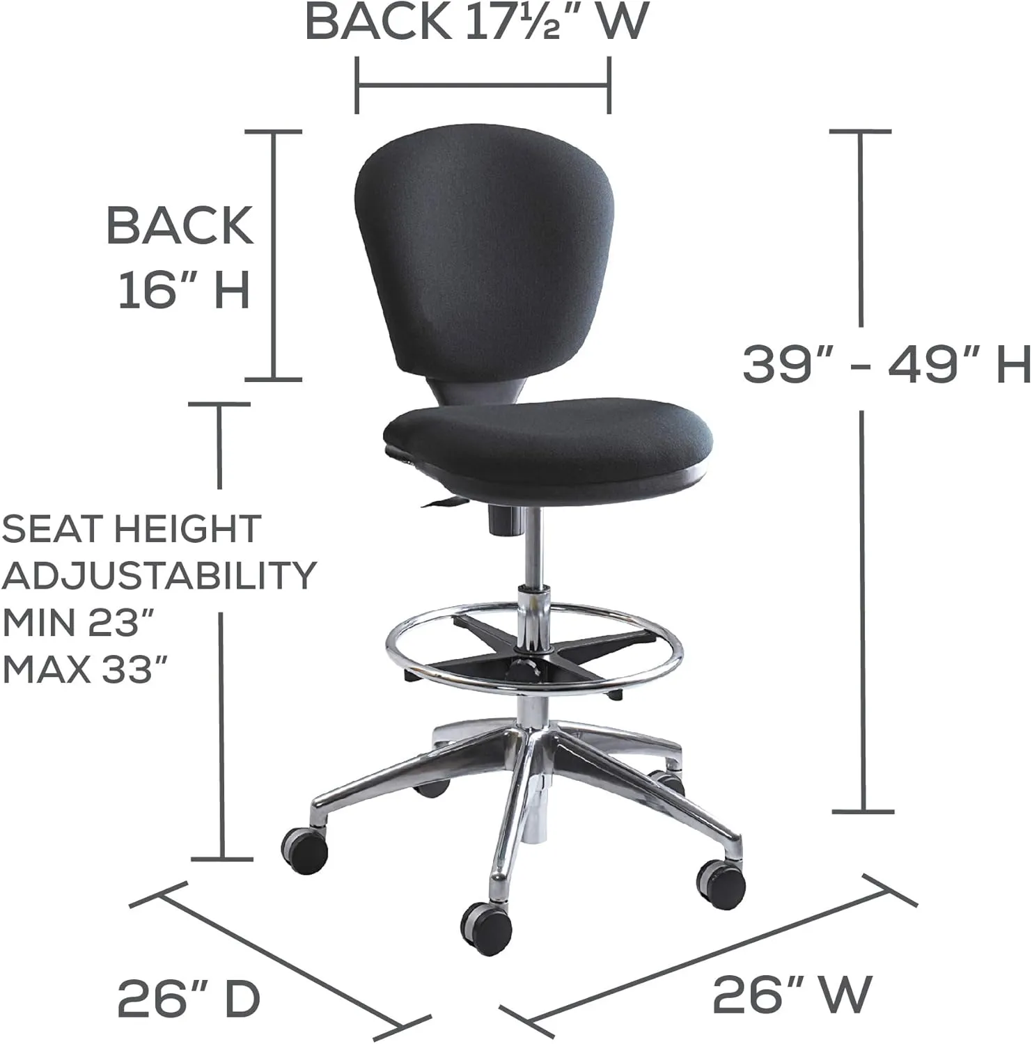 Safco Metro Ergonomic Office Chair, Extended-Height, Adjustable with Swivel Base, Padded, Black
