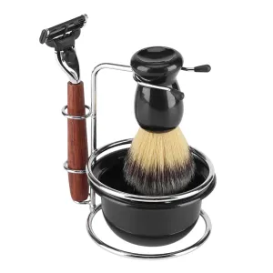 Safety Manual Razor Kit with Holder, Badger Shaving Brush Mug Shave Bowl Foam, Mens Beard Stainless Steel Wooden Handle Shaving Kit Gift for Men Husband Father Brother