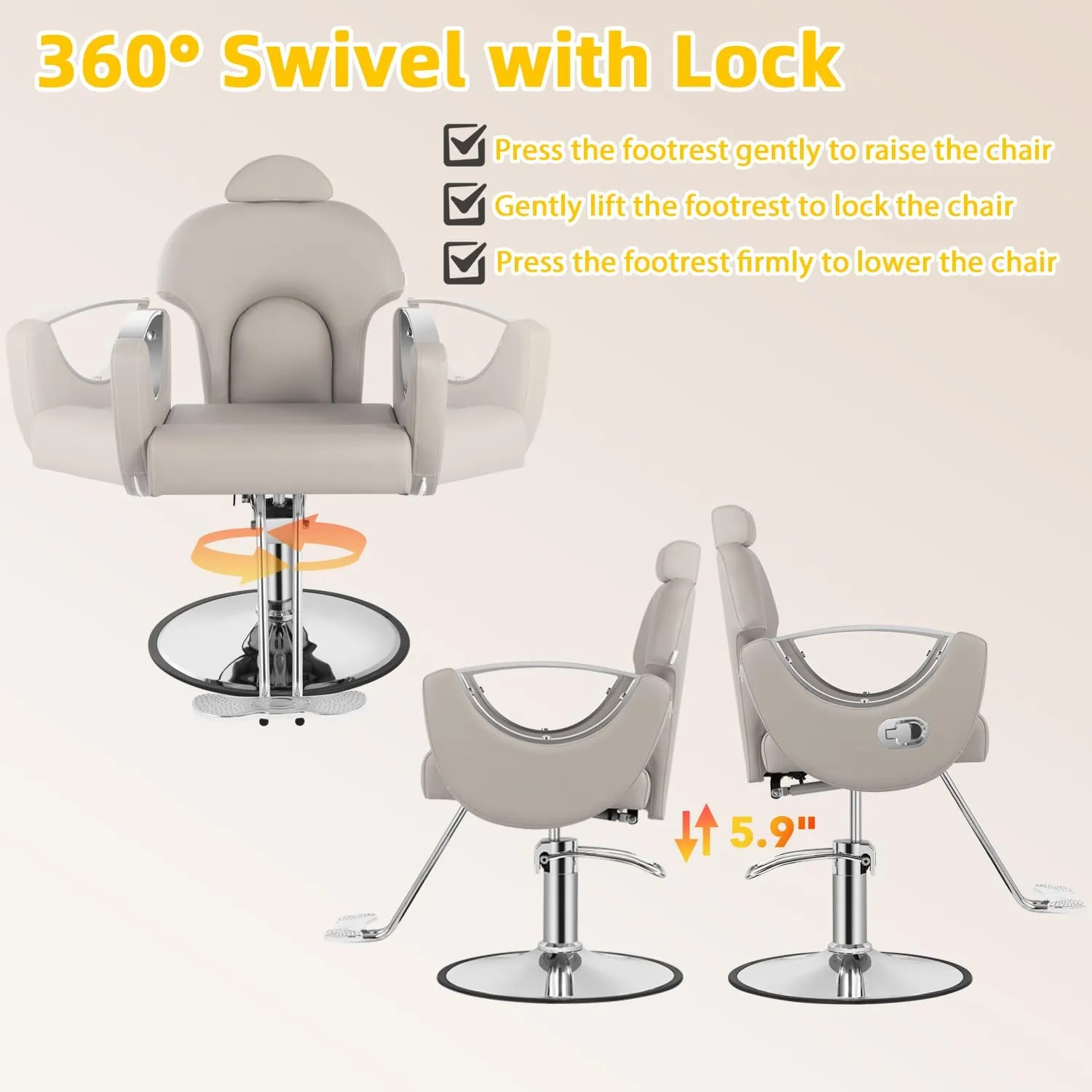 Salon Barber Chair, Reclining Salon Chair for Hair Stylist, Hair Chair with Heavy Duty Hydraulic Pump, 360 Swivel Styling Braiding Hairdresser Chairs for Home Barbershop, Light Gray Sliver