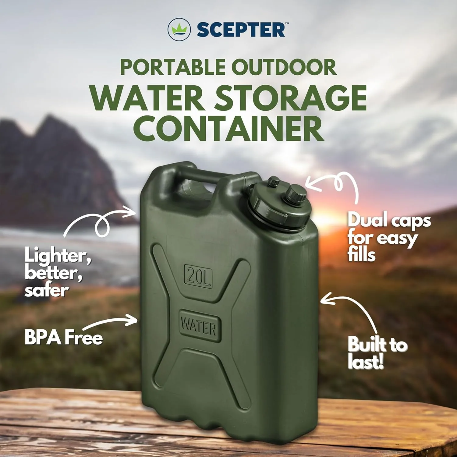 Scepter BPA Durable 5 Gallon 20 Liter Portable Military Water Storage Container for Camping, Outdoors and Emergency Management