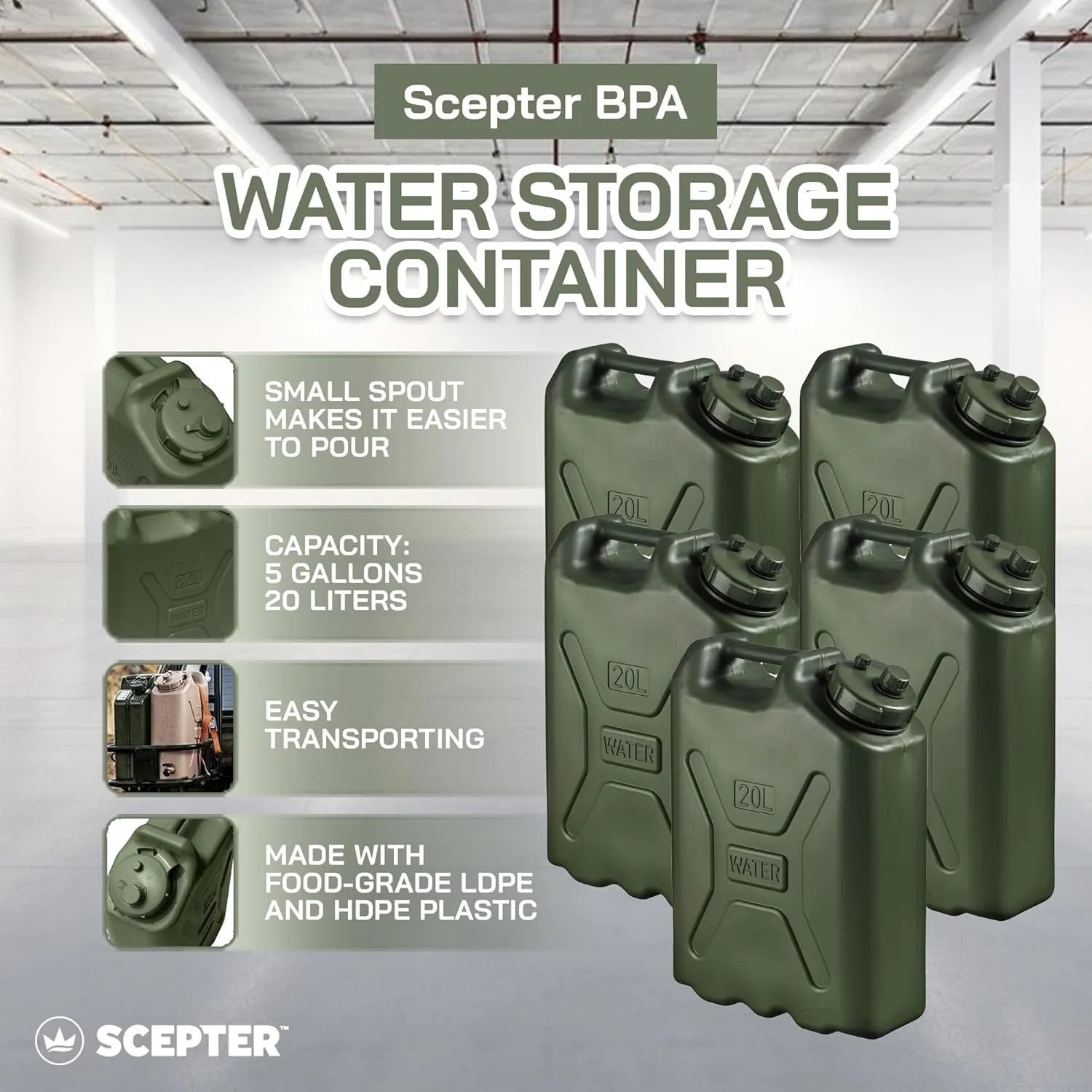 Scepter BPA Durable 5 Gallon 20 Liter Portable Military Water Storage Container for Camping, Outdoors and Emergency Management