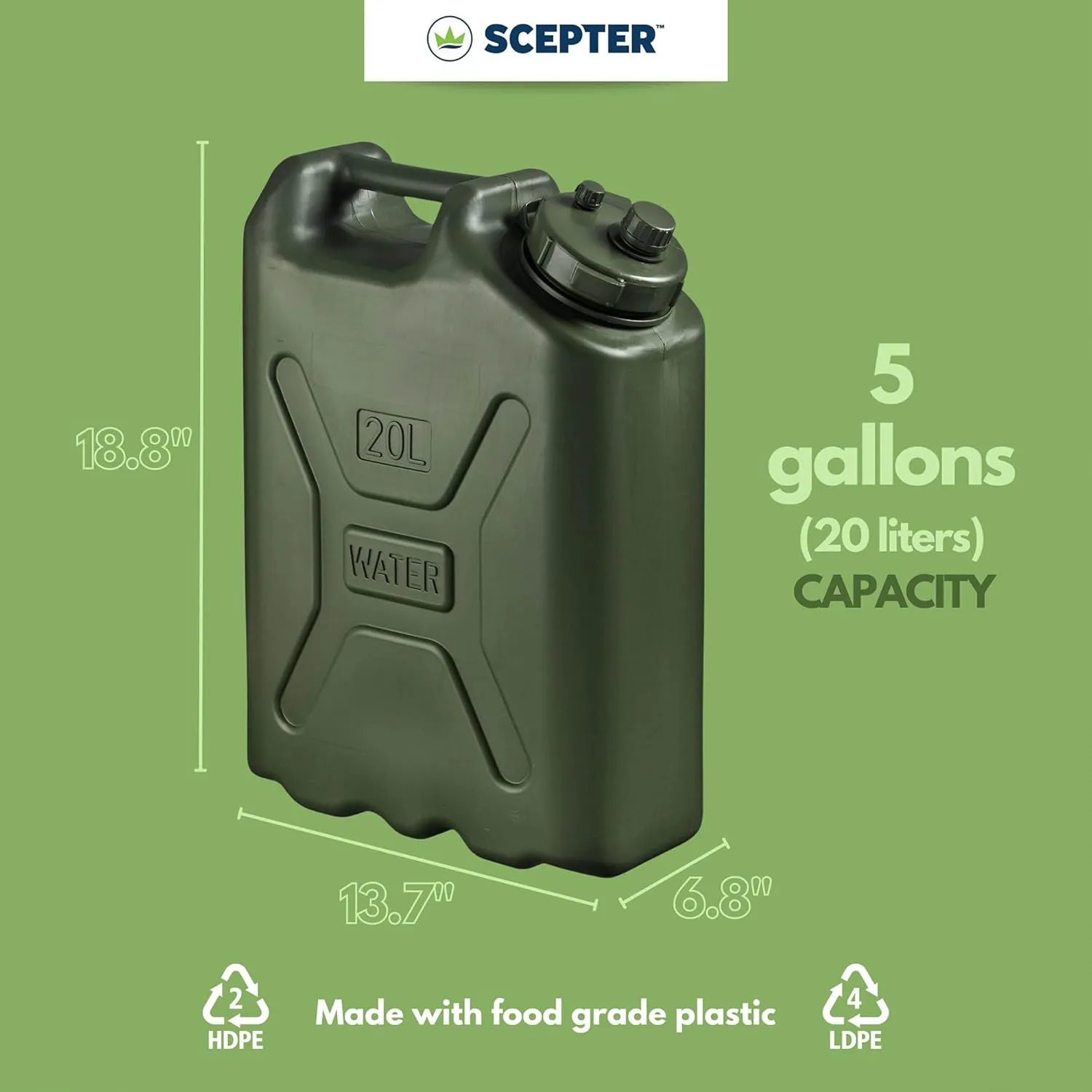Scepter BPA Durable 5 Gallon 20 Liter Portable Military Water Storage Container for Camping, Outdoors and Emergency Management
