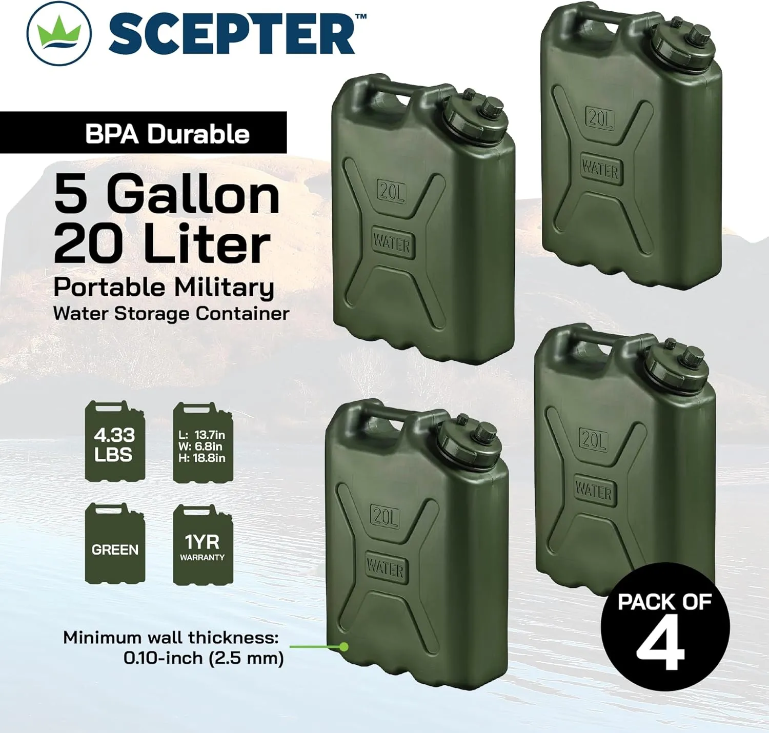 Scepter BPA Durable 5 Gallon 20 Liter Portable Military Water Storage Container for Camping, Outdoors and Emergency Management
