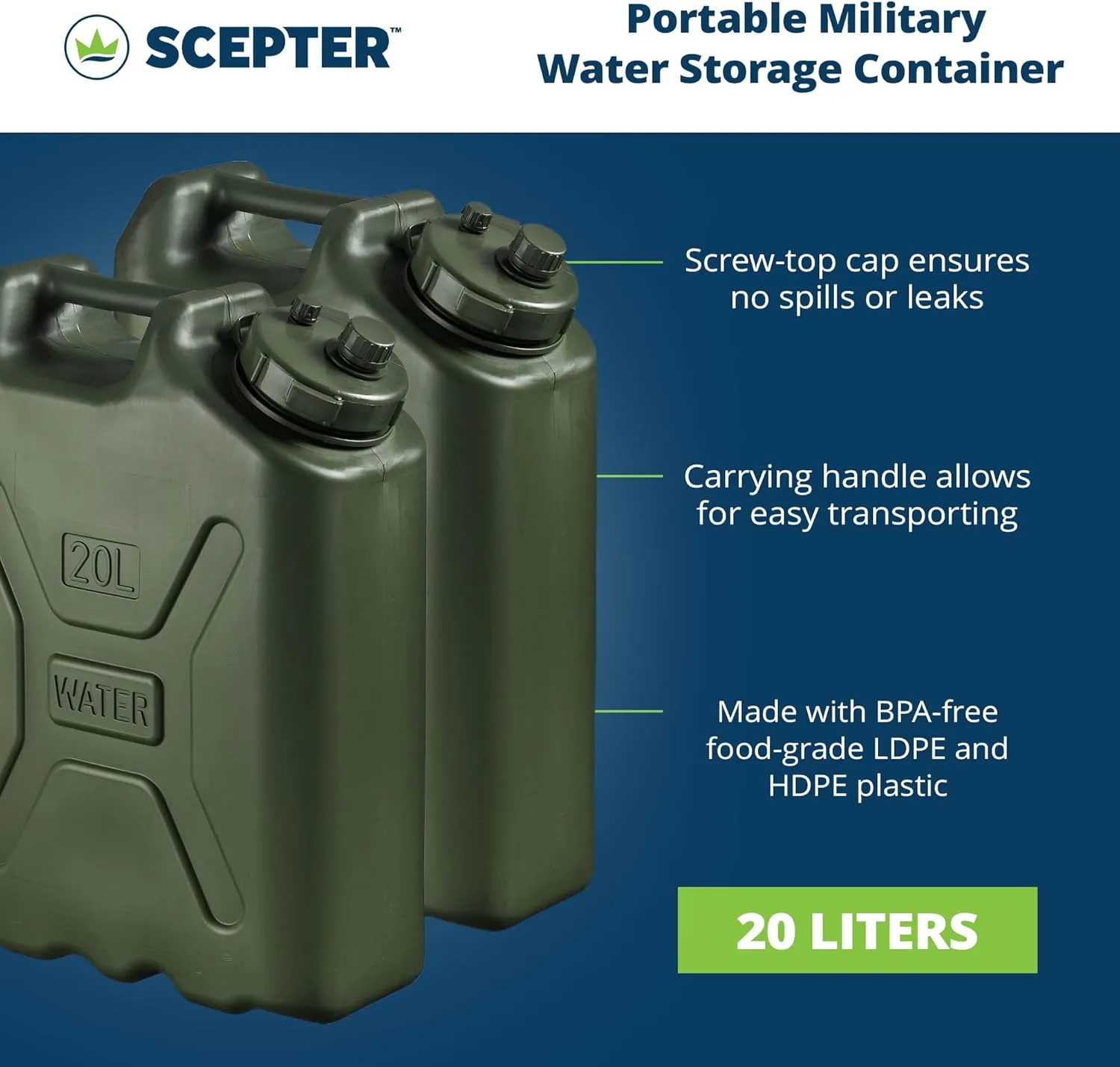 Scepter BPA Durable 5 Gallon 20 Liter Portable Military Water Storage Container for Camping, Outdoors and Emergency Management