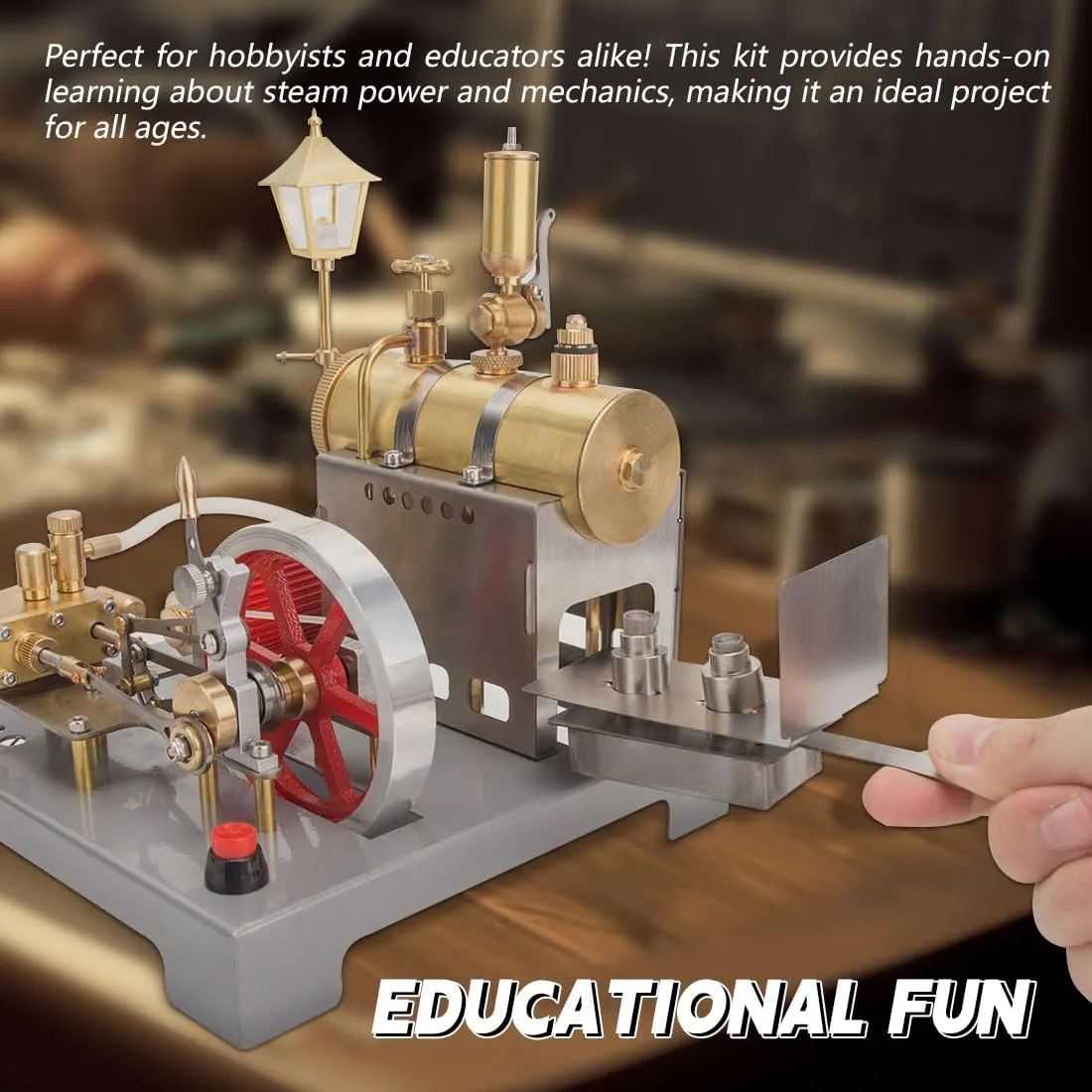 SE-02 Steam Engine Model Kit That Works, Metal Reversible Horizontal Stationary Steam Engine and Boiler Model Kit with Generator and Street Lamp, 100PCS