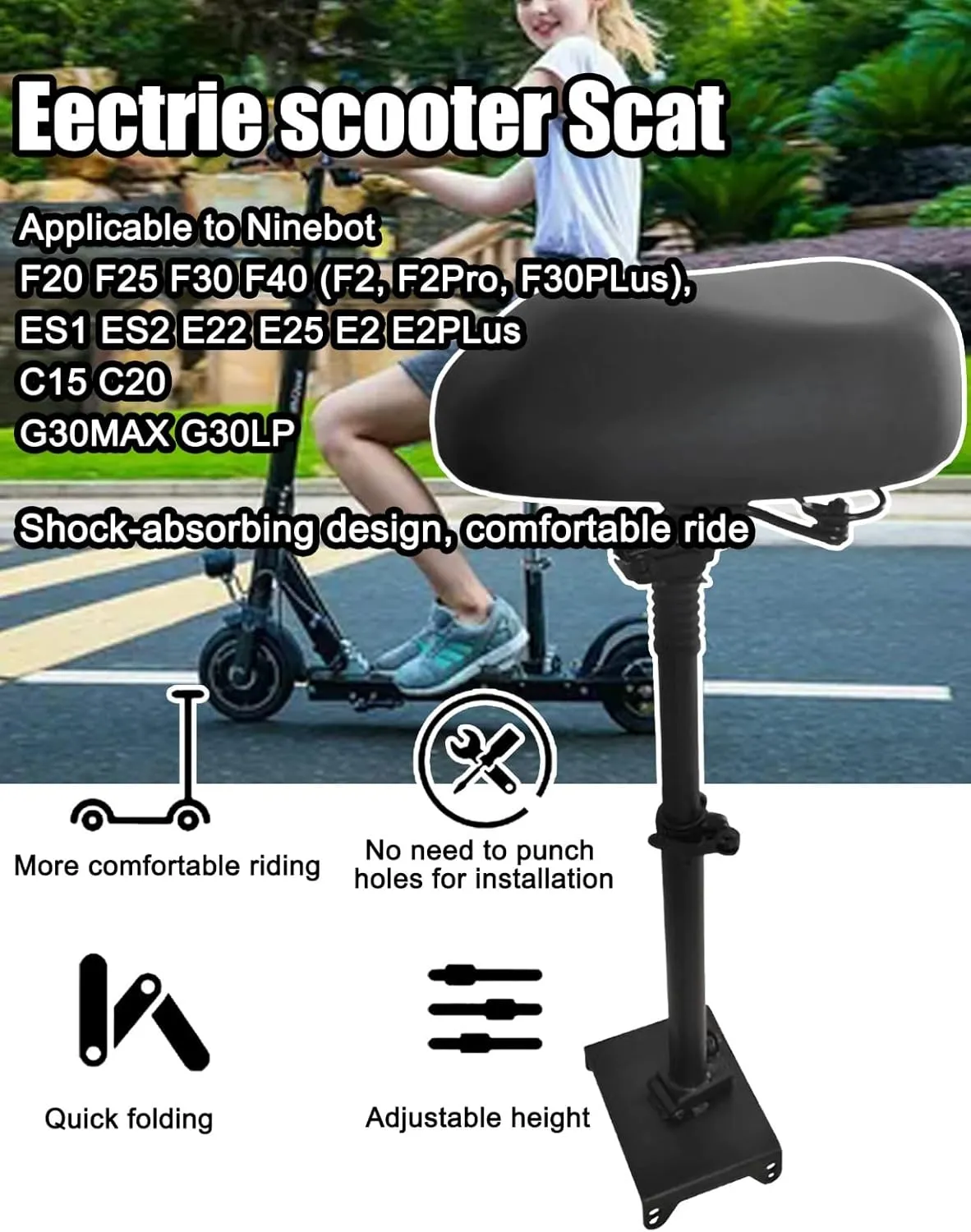 Seat Attachment Compatible with Ninebot E-Series/E2-Series/C-Series/F-Series/G-Series Electric Scooter Foldable Adjustable Height Shock Absorbing Soft Seat Saddle