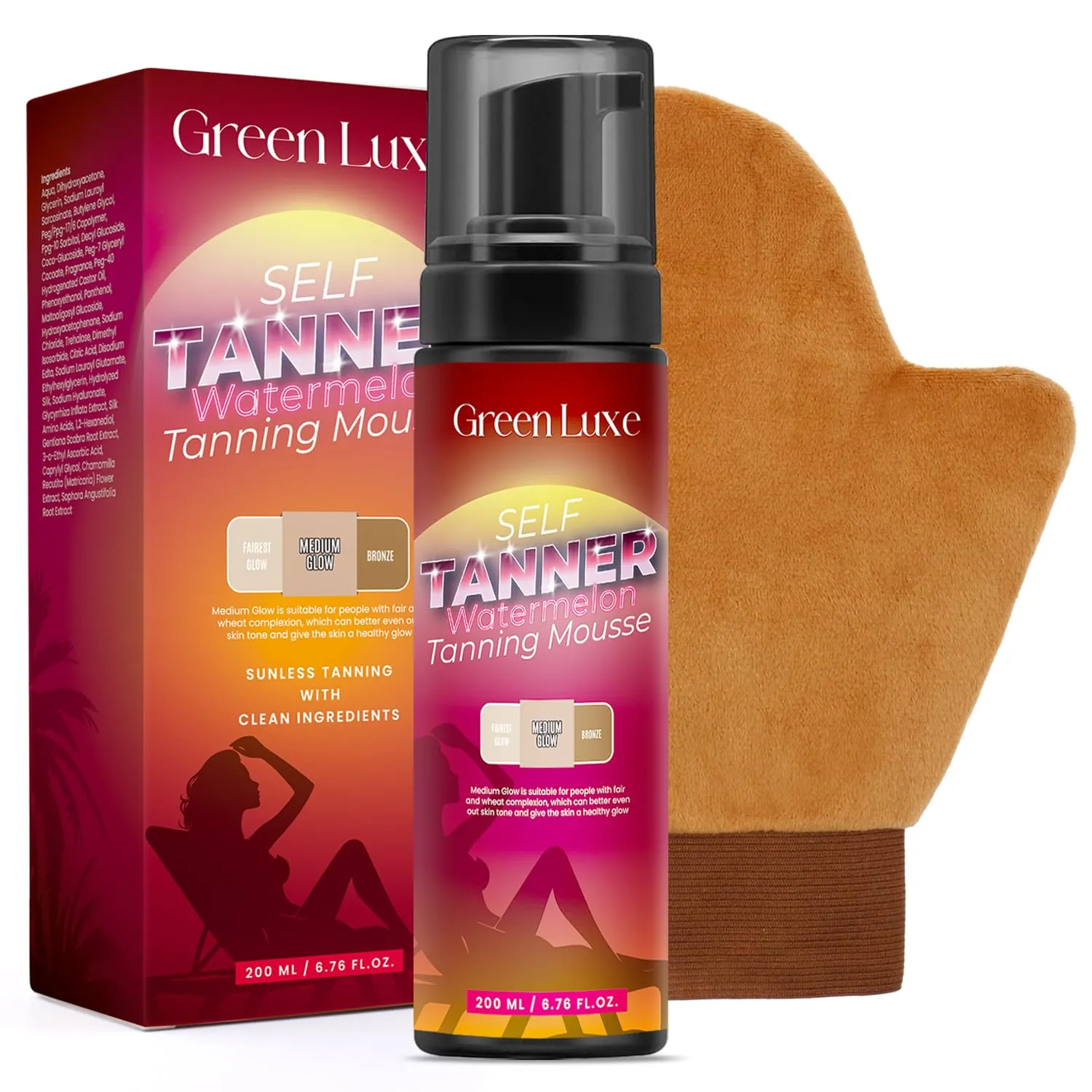 Self Tanner Mousse Kit – Sunless Tanning Foam with Hyaluronic Acid for Hydrating - Flawless & Streak-Free Watermelon Scent Fake Tan Mousse with Mitt, Medium Glow 6.76 fl. oz