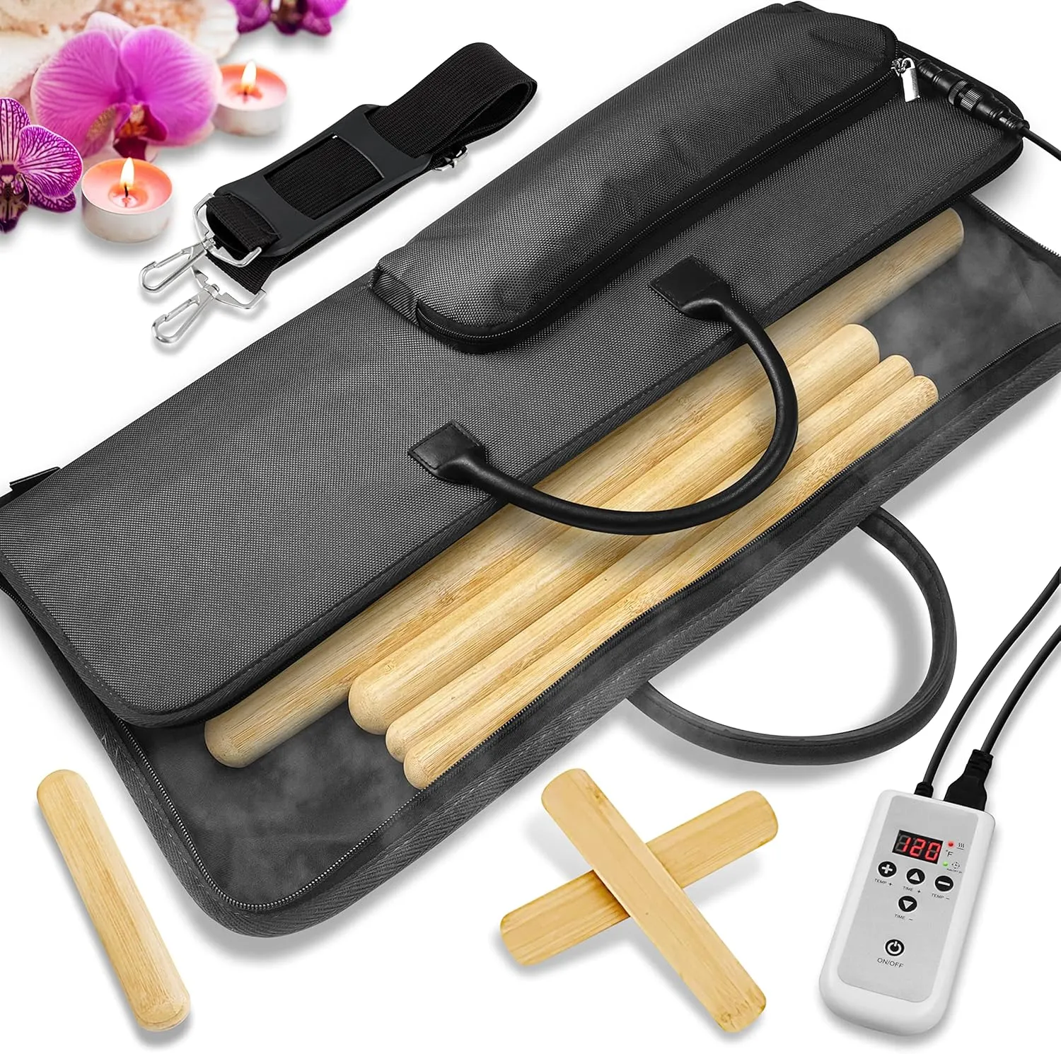 SereneLife Bamboo Massage Sticks Warmer Set with Portable Heating Bag, Electric Professional Massager Heating Therapy Kit with Digital Temperature Controller, 8 Bamboo Massage Sticks (Black)