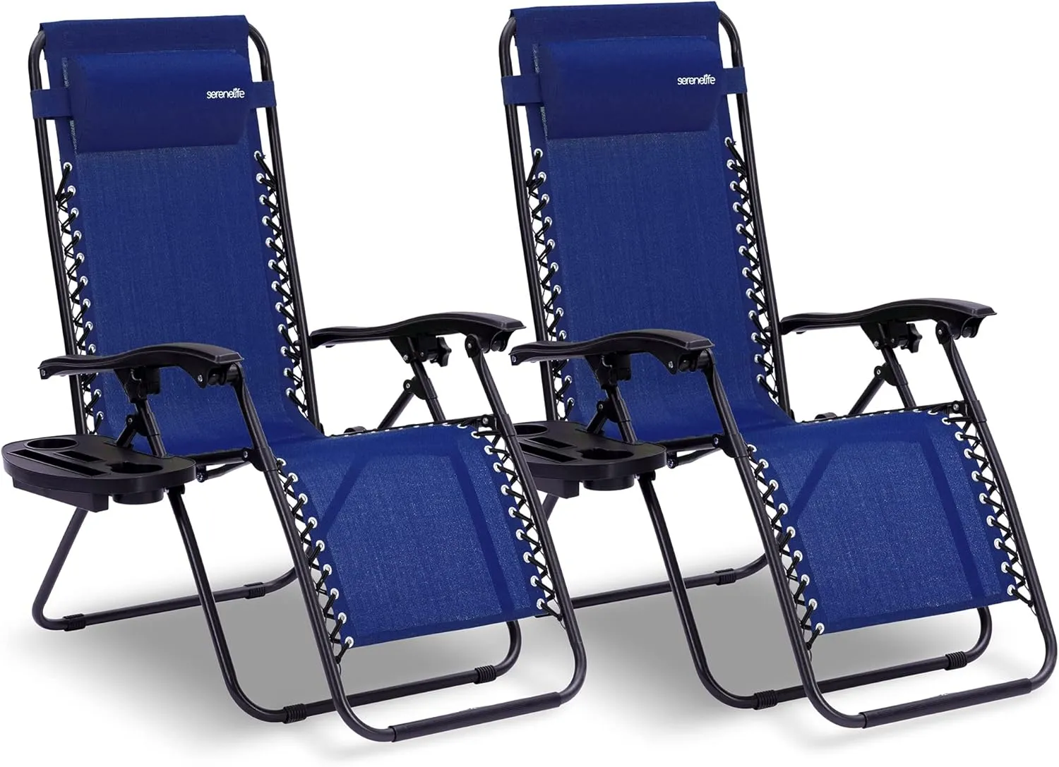 SereneLife Zero Gravity Chairs Set of 2 - Adjustable Outdoor Lounge Chairs with Side Tray, Cup Holders, Removable Pillows, Folding Portable Camping Chairs for Patio, Backyard, Poolside, Beach - Blue