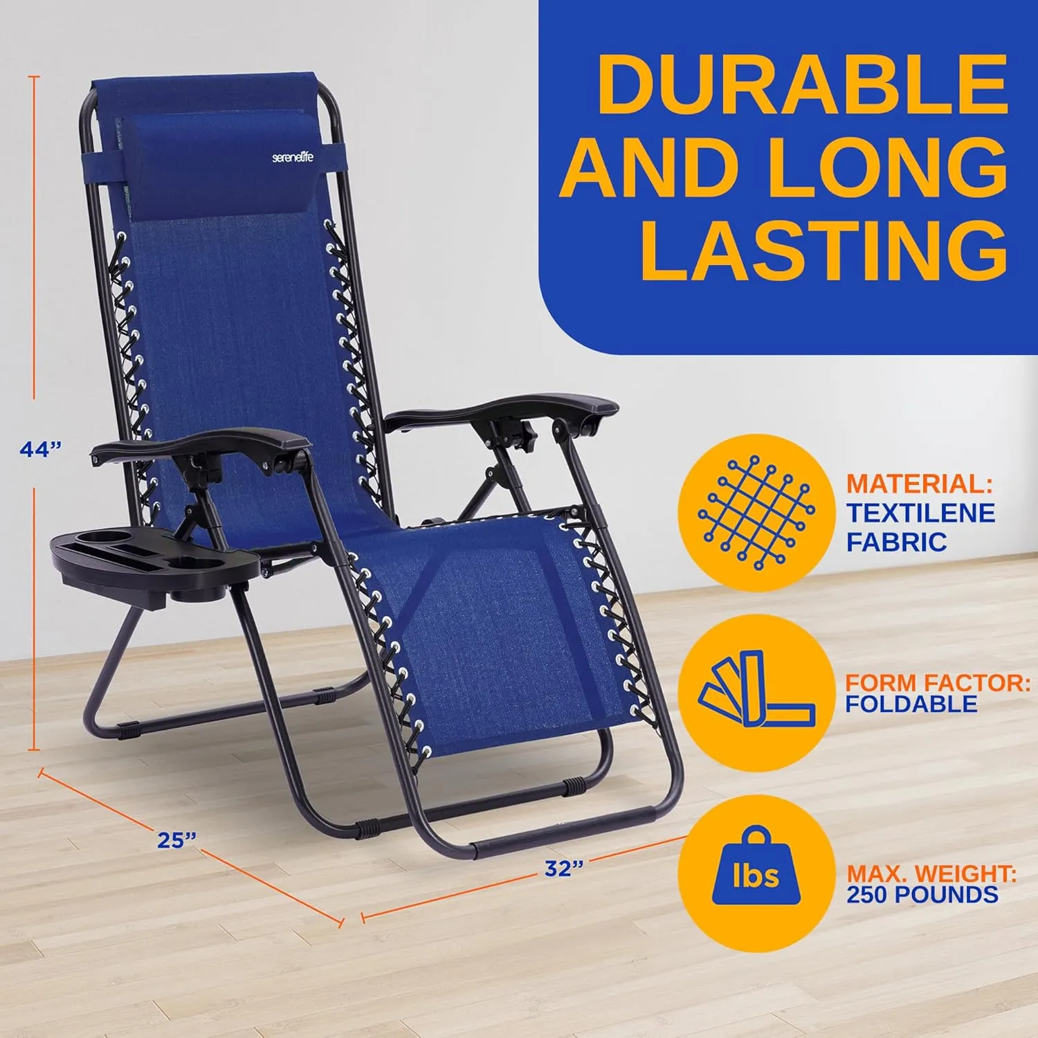 SereneLife Zero Gravity Chairs Set of 2 - Adjustable Outdoor Lounge Chairs with Side Tray, Cup Holders, Removable Pillows, Folding Portable Camping Chairs for Patio, Backyard, Poolside, Beach - Blue
