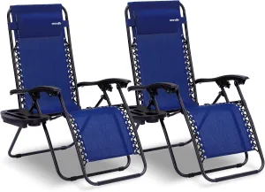 SereneLife Zero Gravity Chairs Set of 2 - Adjustable Outdoor Lounge Chairs with Side Tray, Cup Holders, Removable Pillows, Folding Portable Camping Chairs for Patio, Backyard, Poolside, Beach - Blue