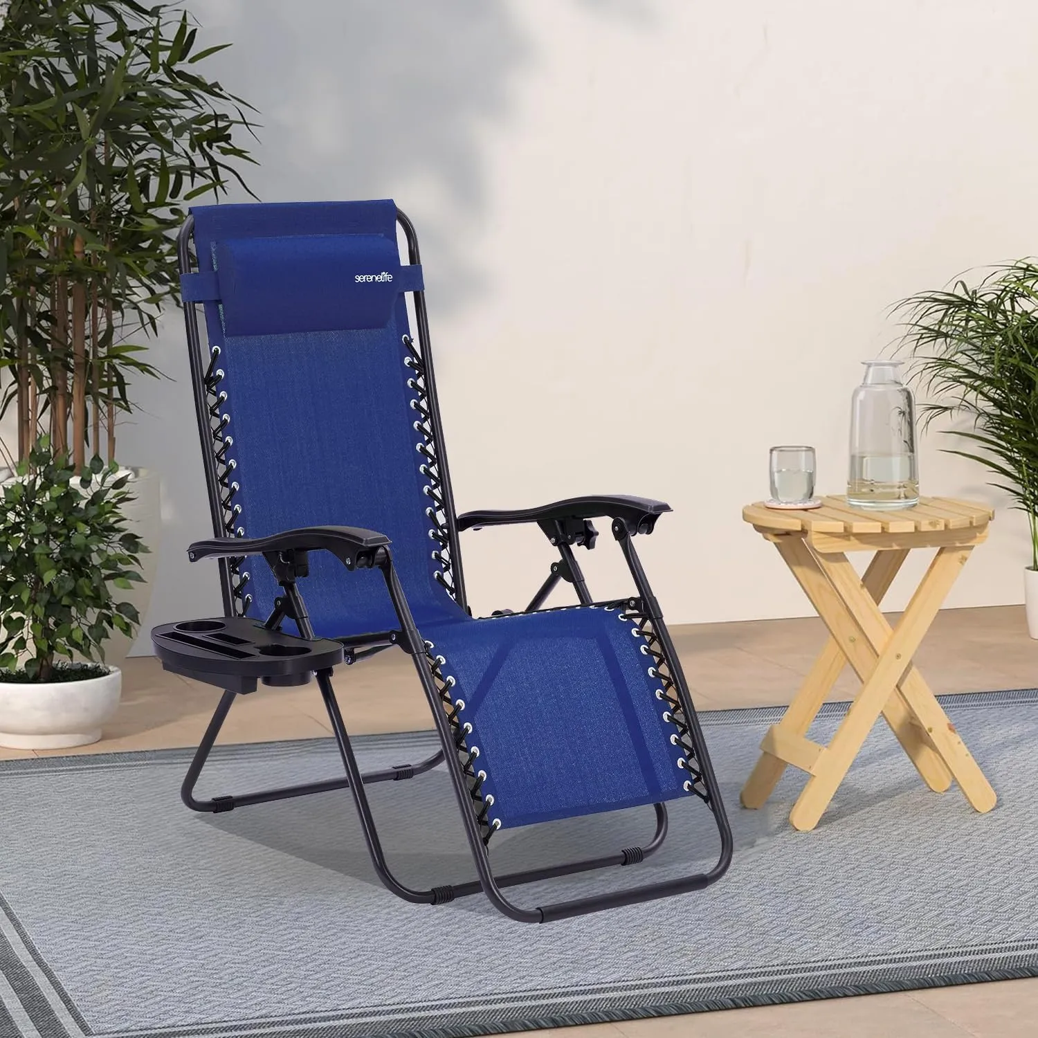 SereneLife Zero Gravity Chairs Set of 2 - Adjustable Outdoor Lounge Chairs with Side Tray, Cup Holders, Removable Pillows, Folding Portable Camping Chairs for Patio, Backyard, Poolside, Beach - Blue