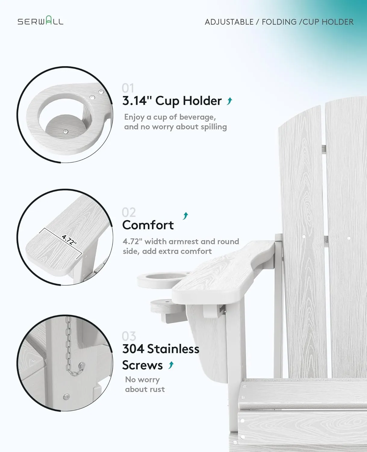 SERWALL Folding Adirondack Chair, Adirondack Outdoor Chair with Cup Holder, Adjustable Adirondack Chair with 3 Recline Positions, All Weather HDPE Outdoor Adirondack, White