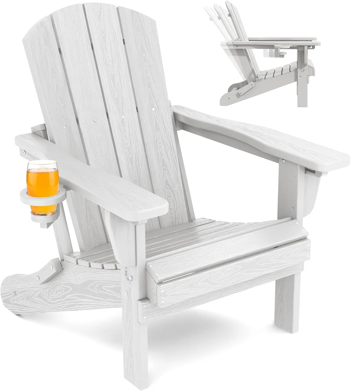 SERWALL Folding Adirondack Chair, Adirondack Outdoor Chair with Cup Holder, Adjustable Adirondack Chair with 3 Recline Positions, All Weather HDPE Outdoor Adirondack, White