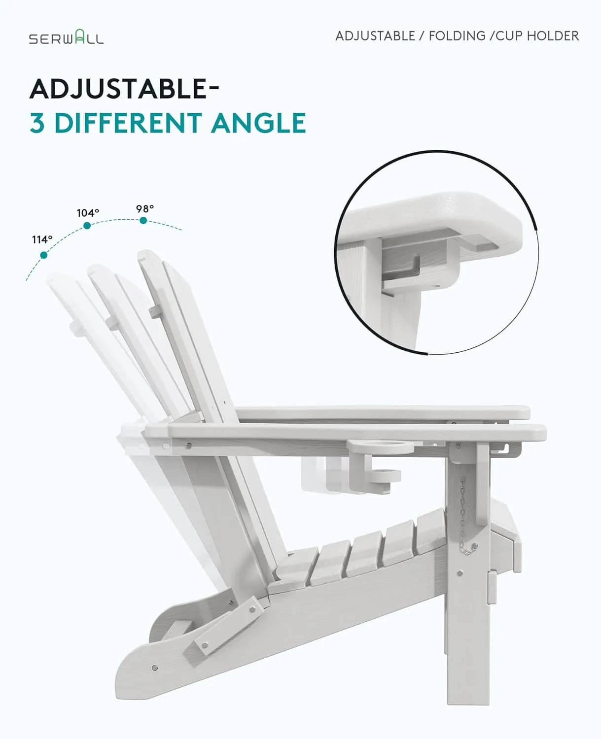 SERWALL Folding Adirondack Chair, Adirondack Outdoor Chair with Cup Holder, Adjustable Adirondack Chair with 3 Recline Positions, All Weather HDPE Outdoor Adirondack, White