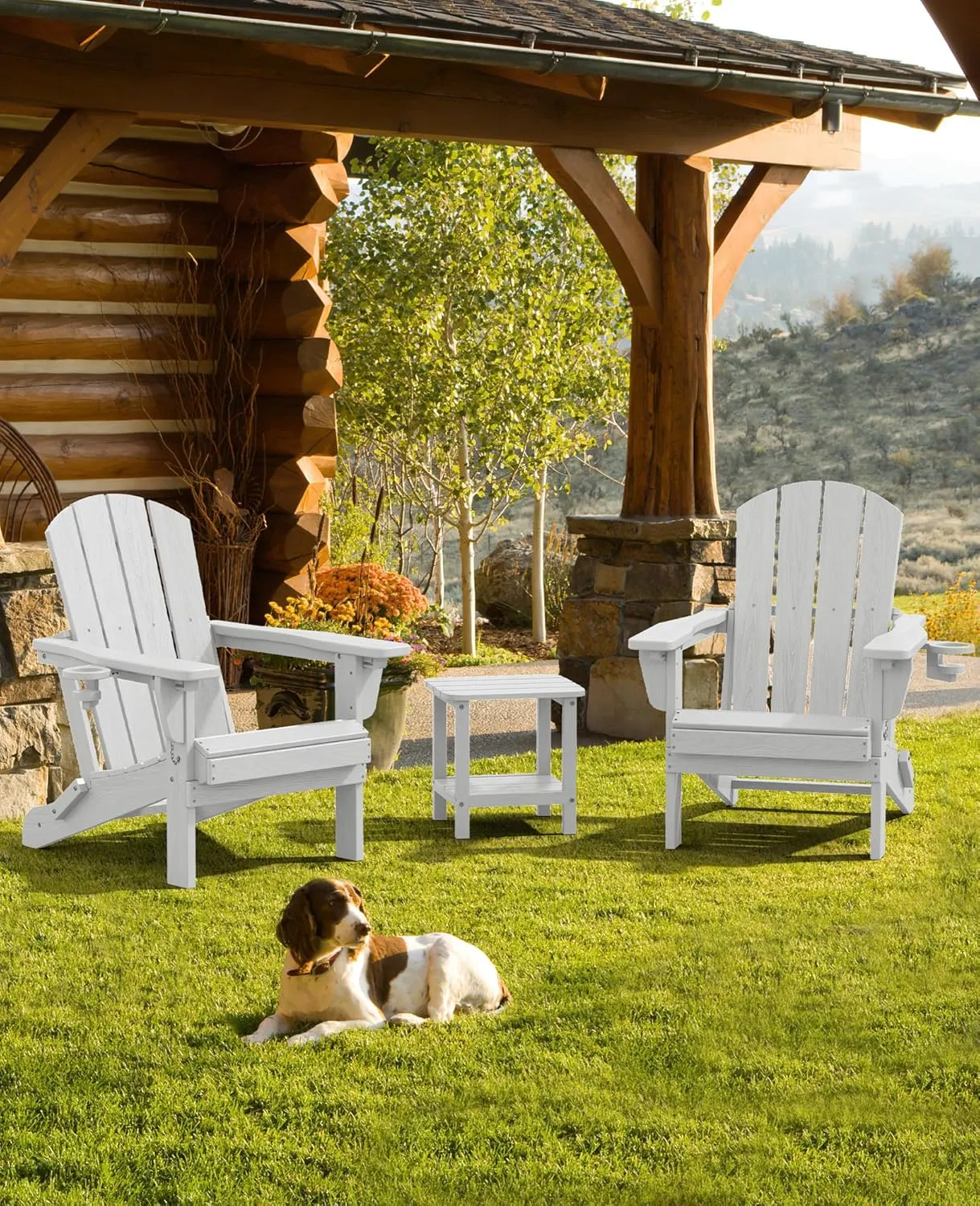 SERWALL Folding Adirondack Chair, Adirondack Outdoor Chair with Cup Holder, Adjustable Adirondack Chair with 3 Recline Positions, All Weather HDPE Outdoor Adirondack, White