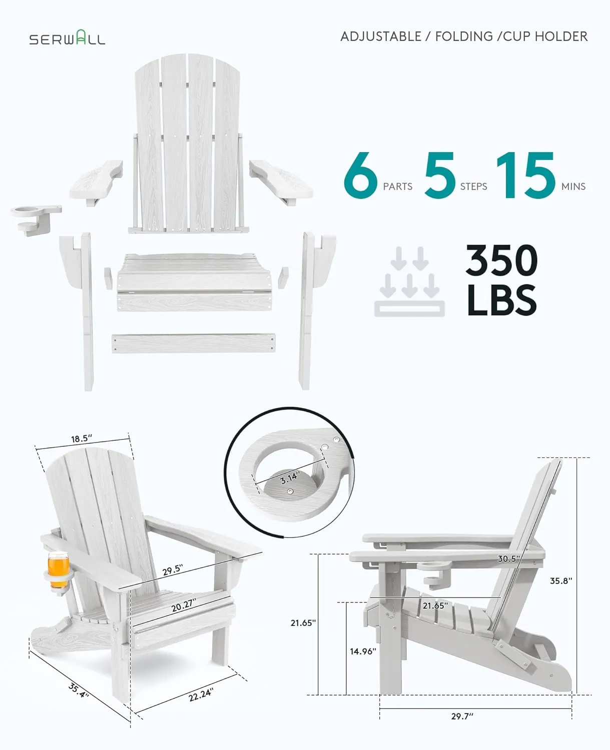 SERWALL Folding Adirondack Chair, Adirondack Outdoor Chair with Cup Holder, Adjustable Adirondack Chair with 3 Recline Positions, All Weather HDPE Outdoor Adirondack, White