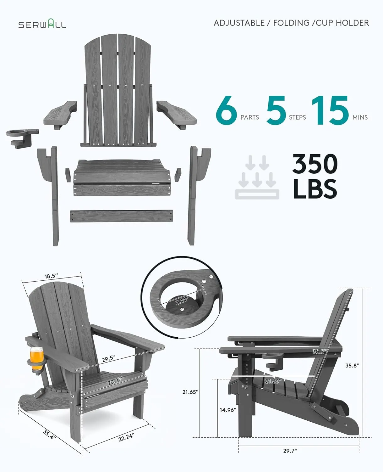 SERWALL Folding Adirondack Chair Set of 4, Adjustable Adirondack Chair with 3 Recline Positions, All Weather HDPE Outdoor Adirondack with Cup Holders, Gray