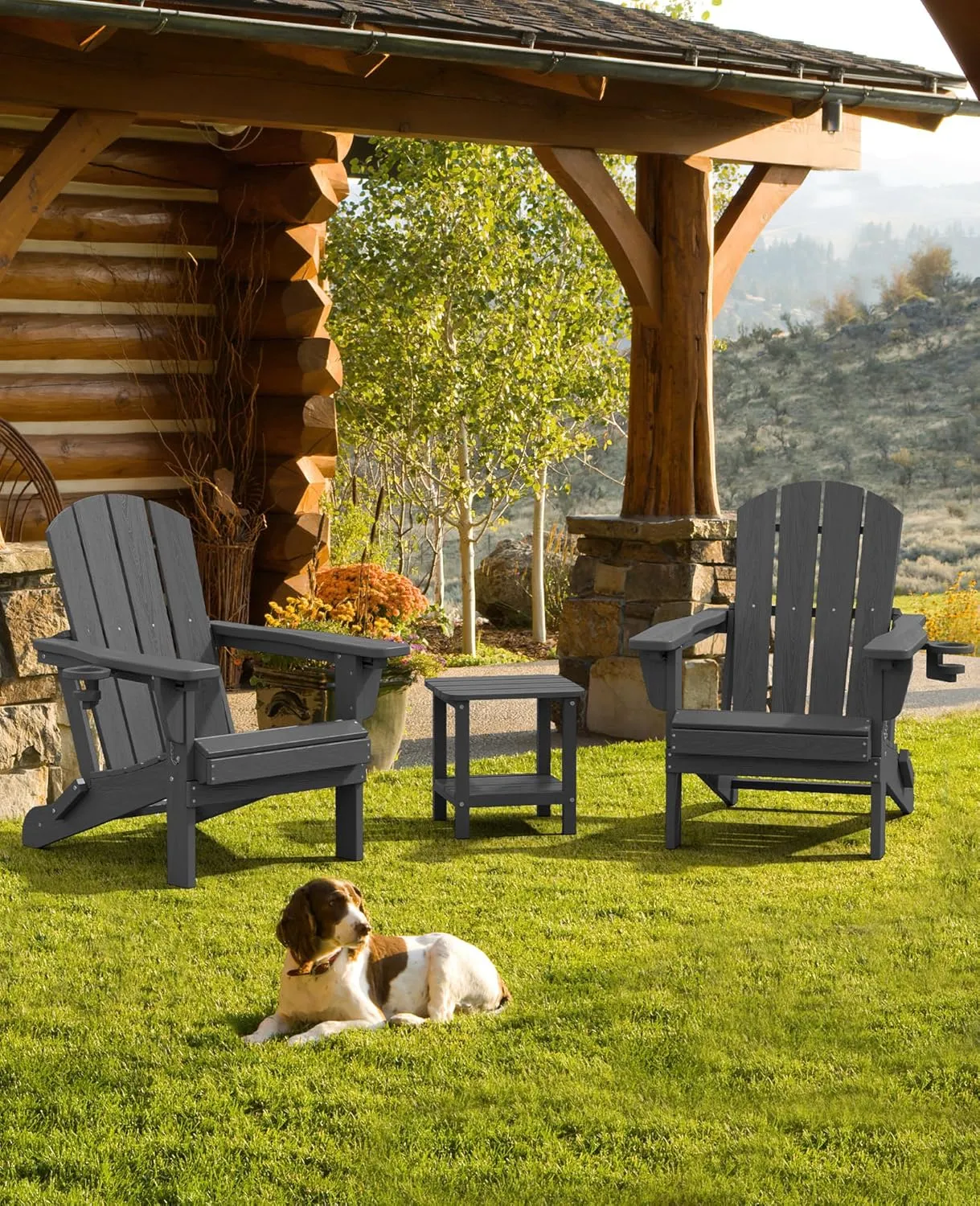 SERWALL Folding Adirondack Chair Set of 4, Adjustable Adirondack Chair with 3 Recline Positions, All Weather HDPE Outdoor Adirondack with Cup Holders, Gray