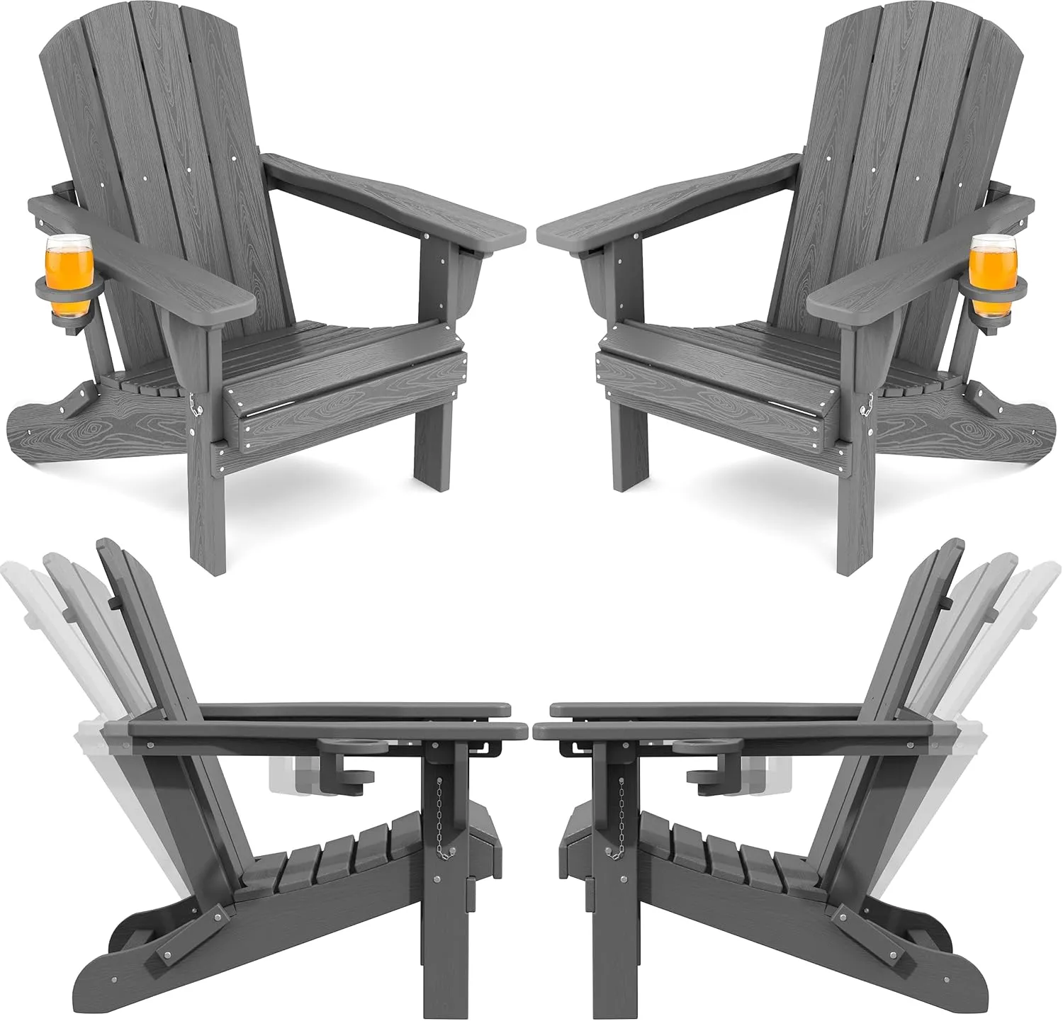 SERWALL Folding Adirondack Chair Set of 4, Adjustable Adirondack Chair with 3 Recline Positions, All Weather HDPE Outdoor Adirondack with Cup Holders, Gray