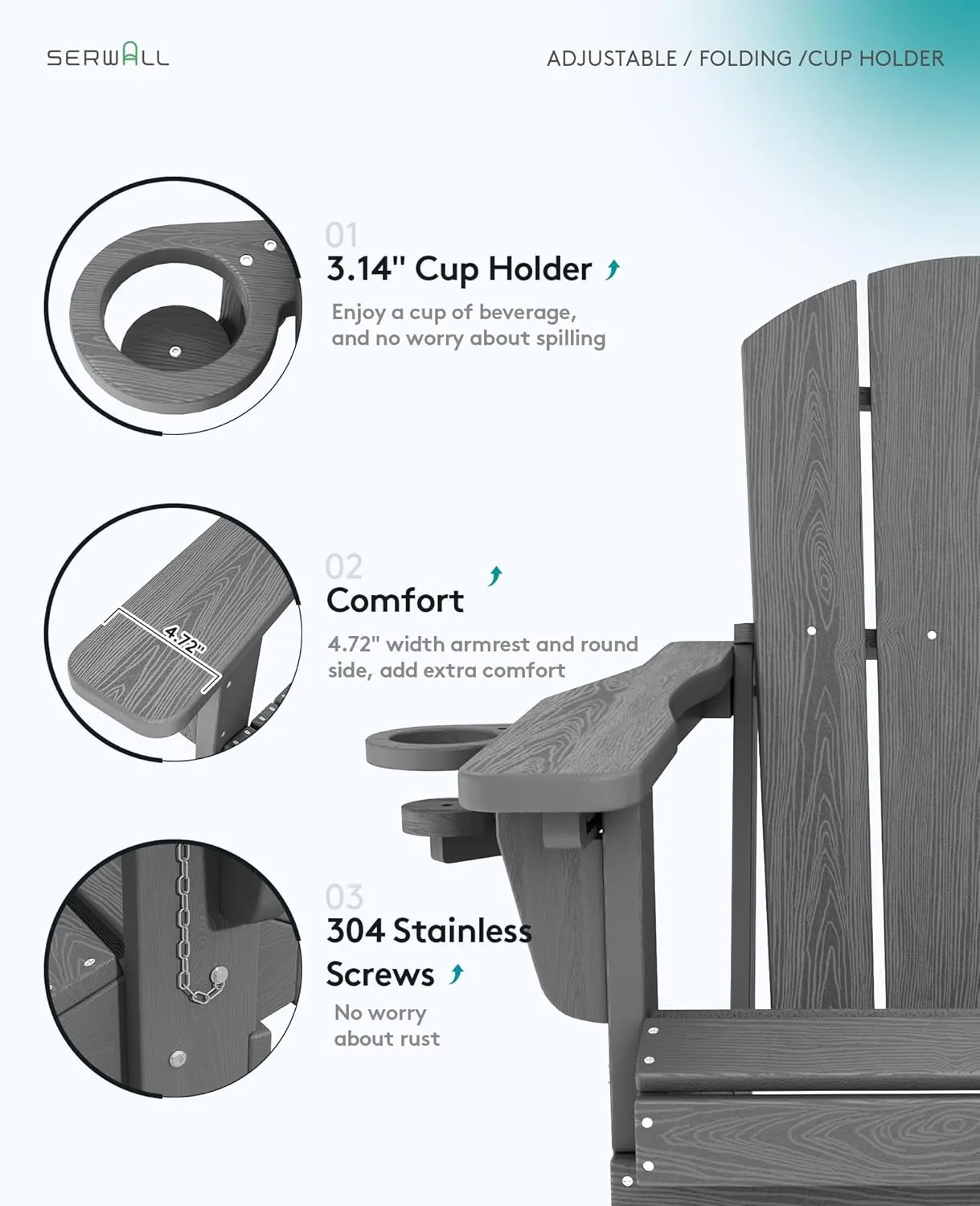 SERWALL Folding Adirondack Chair Set of 4, Adjustable Adirondack Chair with 3 Recline Positions, All Weather HDPE Outdoor Adirondack with Cup Holders, Gray
