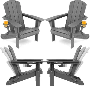 SERWALL Folding Adirondack Chair Set of 4, Adjustable Adirondack Chair with 3 Recline Positions, All Weather HDPE Outdoor Adirondack with Cup Holders, Gray