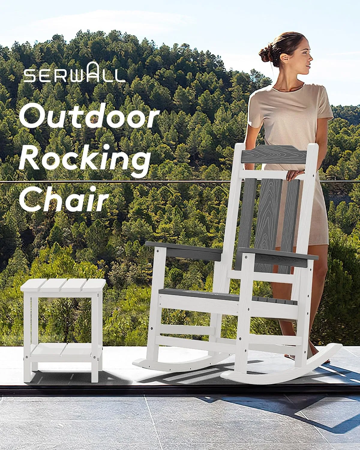 SERWALL HDPE Rocking Chair Set of 2, All Weather Patio Rocking Chair, HDPE Poly Rocking Chair for Adults, Heavy Duty Front Porch Rocker, Gray&White