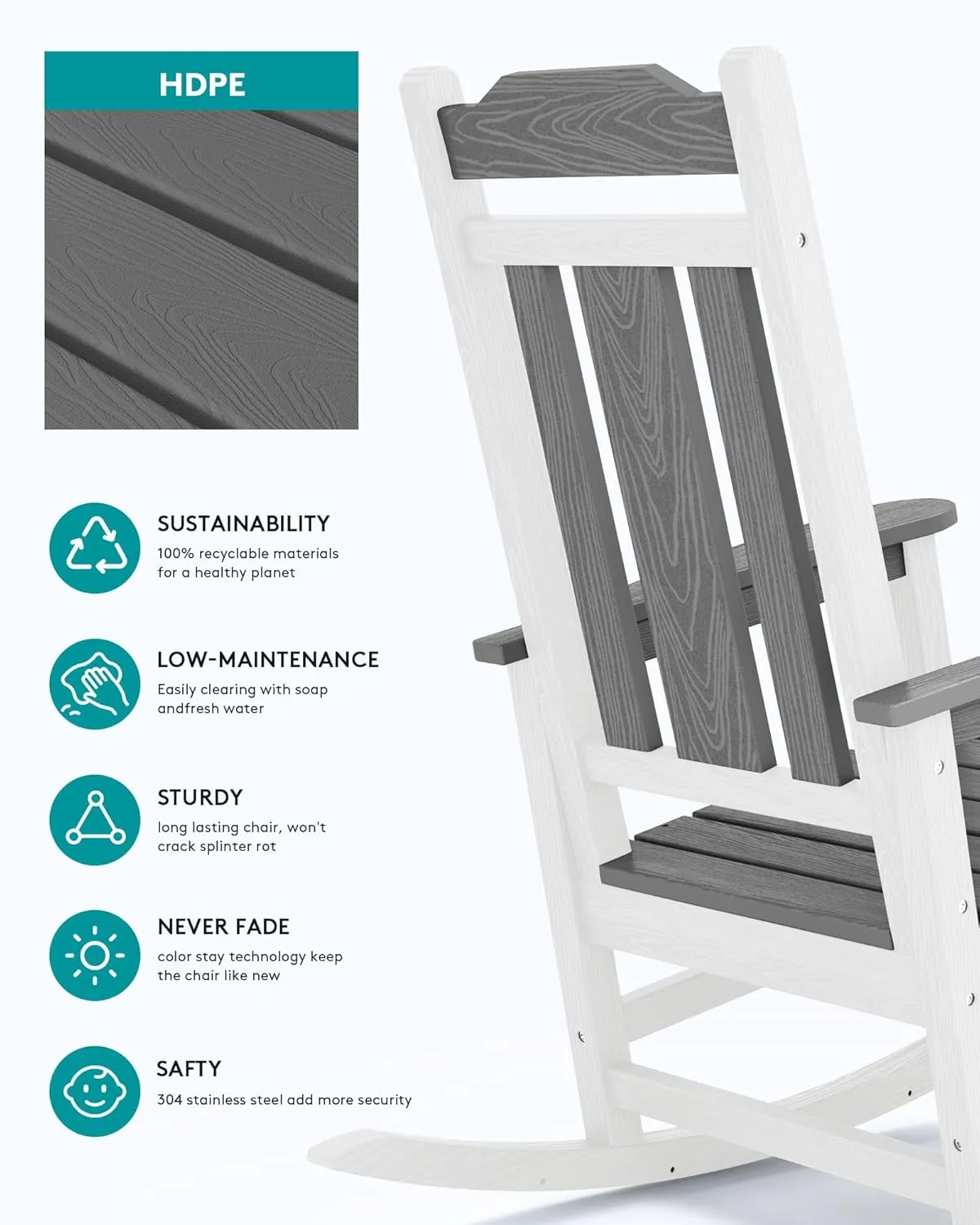 SERWALL HDPE Rocking Chair Set of 2, All Weather Patio Rocking Chair, HDPE Poly Rocking Chair for Adults, Heavy Duty Front Porch Rocker, Gray&White