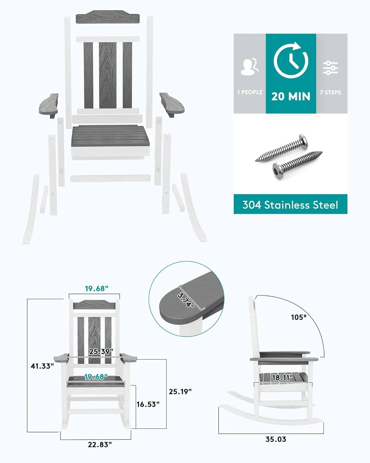 SERWALL HDPE Rocking Chair Set of 2, All Weather Patio Rocking Chair, HDPE Poly Rocking Chair for Adults, Heavy Duty Front Porch Rocker, Gray&White