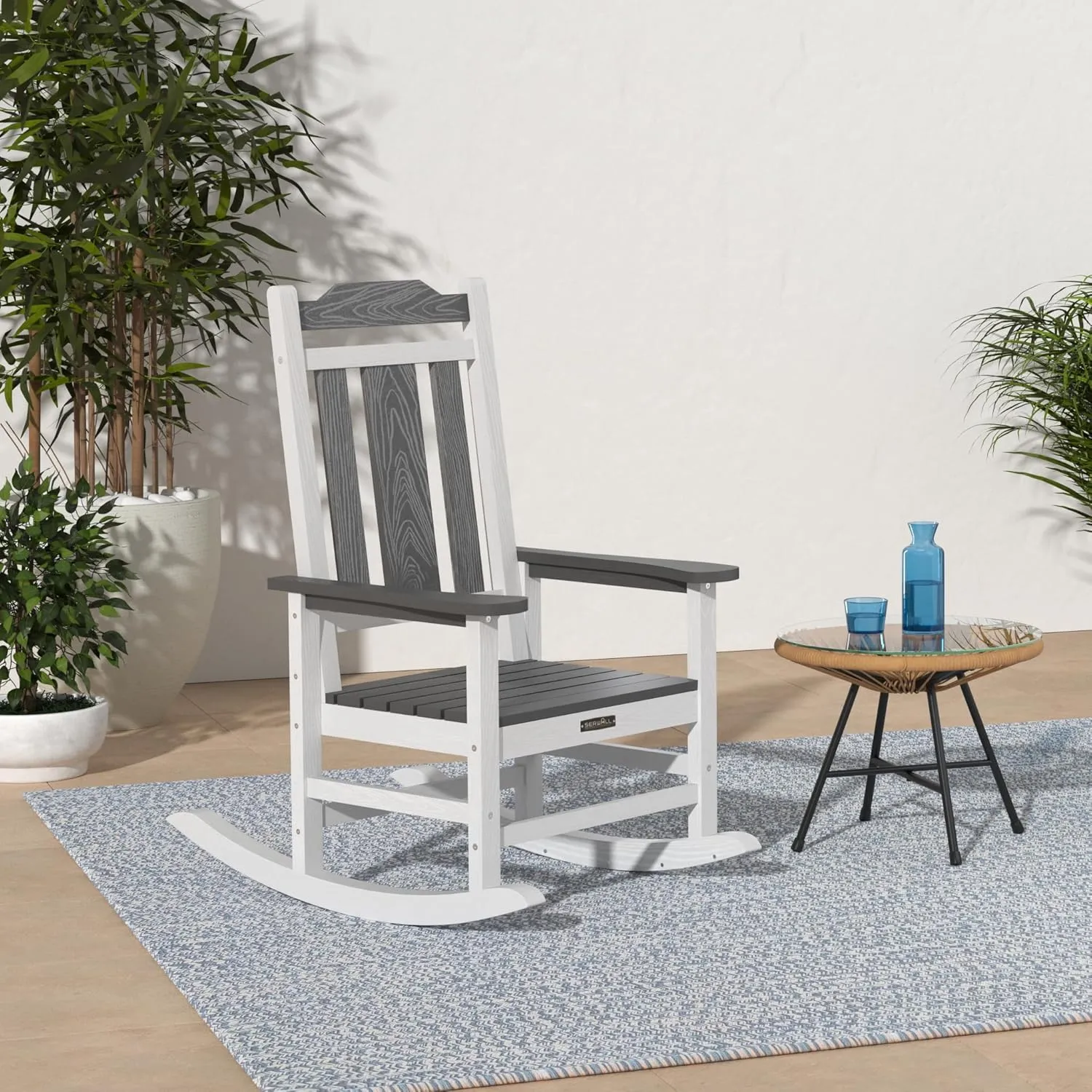 SERWALL HDPE Rocking Chair Set of 2, All Weather Patio Rocking Chair, HDPE Poly Rocking Chair for Adults, Heavy Duty Front Porch Rocker, Gray&White