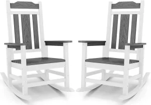 SERWALL HDPE Rocking Chair Set of 2, All Weather Patio Rocking Chair, HDPE Poly Rocking Chair for Adults, Heavy Duty Front Porch Rocker, Gray&White