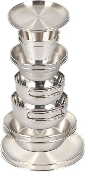Set of 12 Stainless Steel Camping Plates and Bowls, Camping Mess Kits Camping Dish Set Tableware Includes Plates, Bowl, Mini Pot, Stainless Steel Dinnerware for Camping, Hiking, Travel, Picnic