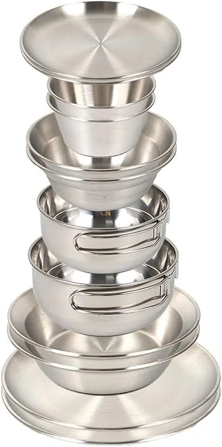 Set of 12 Stainless Steel Camping Plates and Bowls, Camping Mess Kits Camping Dish Set Tableware Includes Plates, Bowl, Mini Pot, Stainless Steel Dinnerware for Camping, Hiking, Travel, Picnic