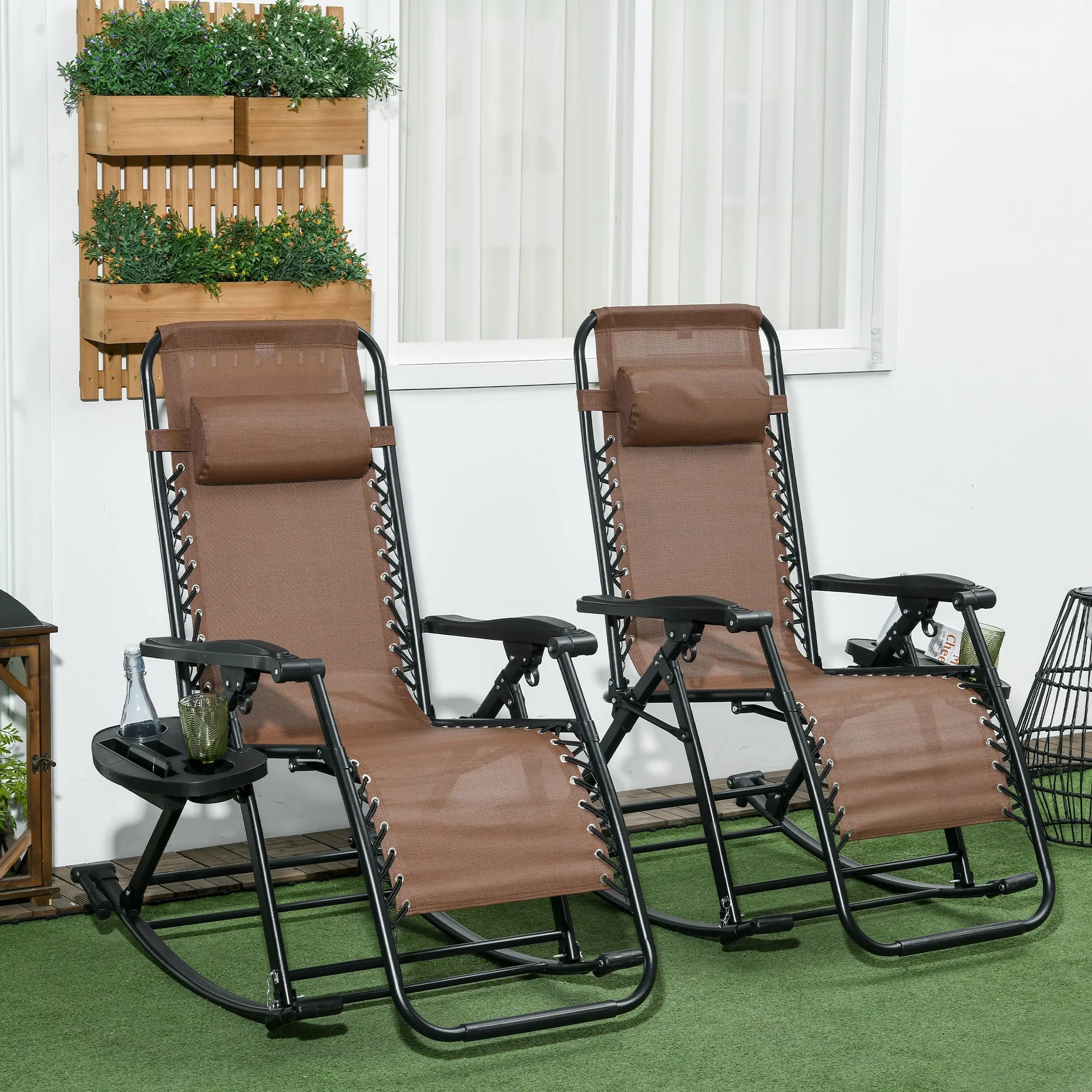 Set of 2 Foldable Reclining Zero Gravity Lounge Rockers w/ Pillow, Cup Holder, Brown