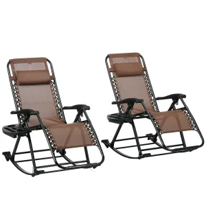 Set of 2 Foldable Reclining Zero Gravity Lounge Rockers w/ Pillow, Cup Holder, Brown