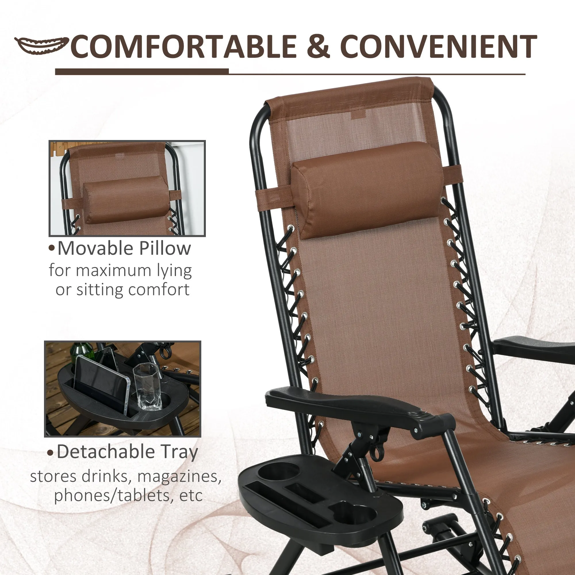 Set of 2 Foldable Reclining Zero Gravity Lounge Rockers w/ Pillow, Cup Holder, Brown