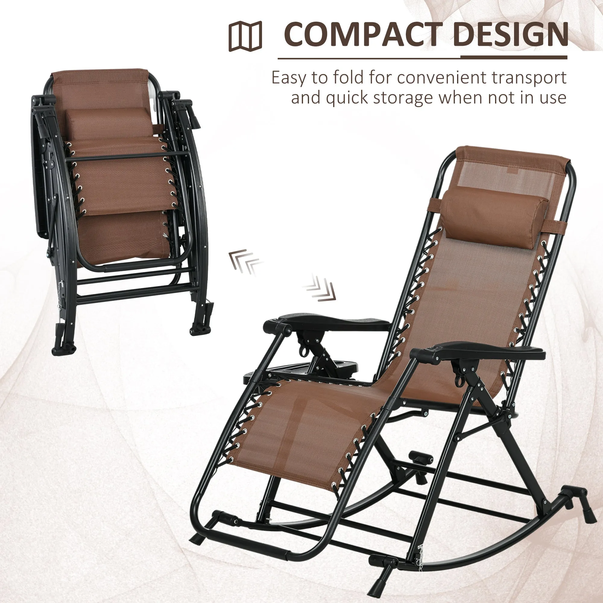 Set of 2 Foldable Reclining Zero Gravity Lounge Rockers w/ Pillow, Cup Holder, Brown