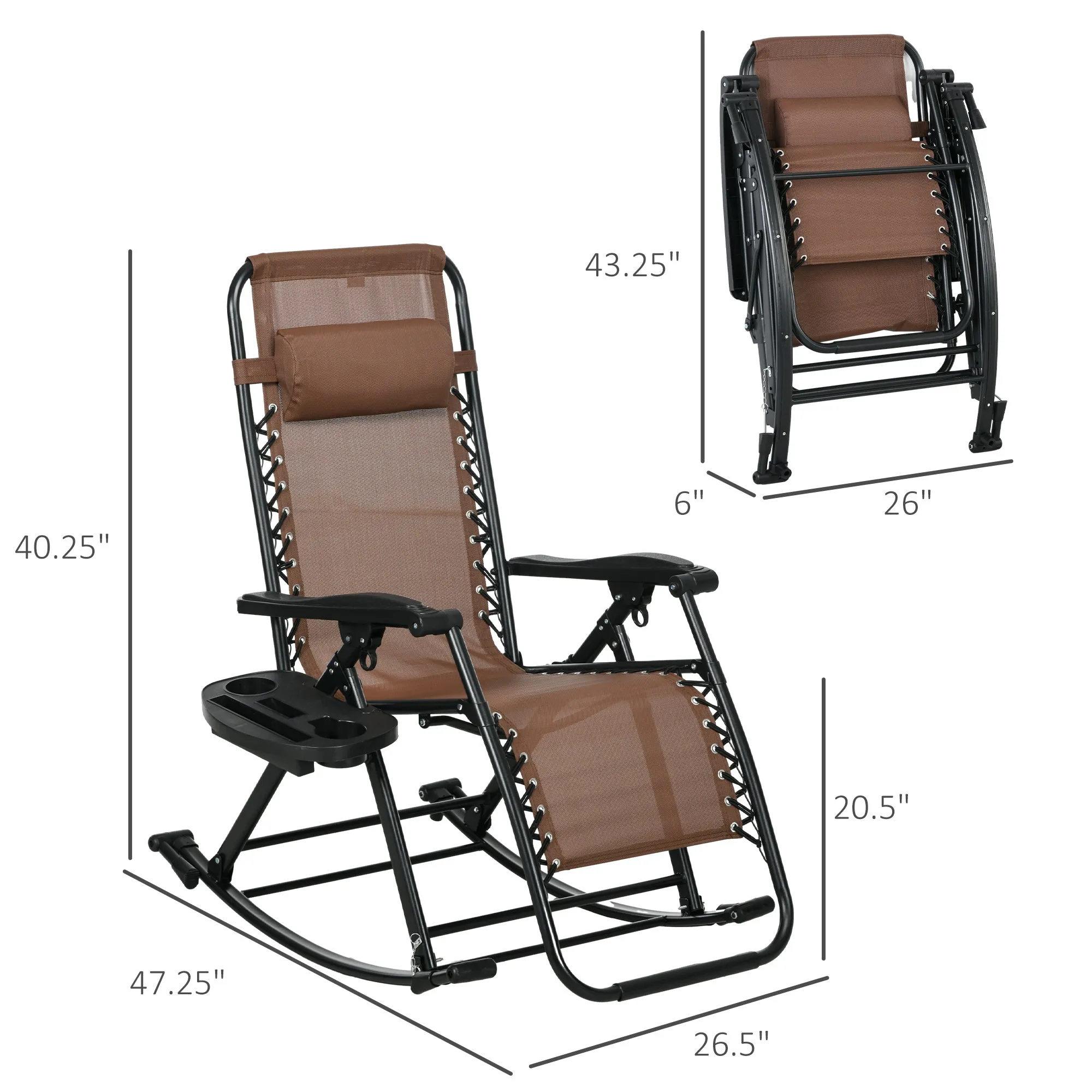 Set of 2 Foldable Reclining Zero Gravity Lounge Rockers w/ Pillow, Cup Holder, Brown