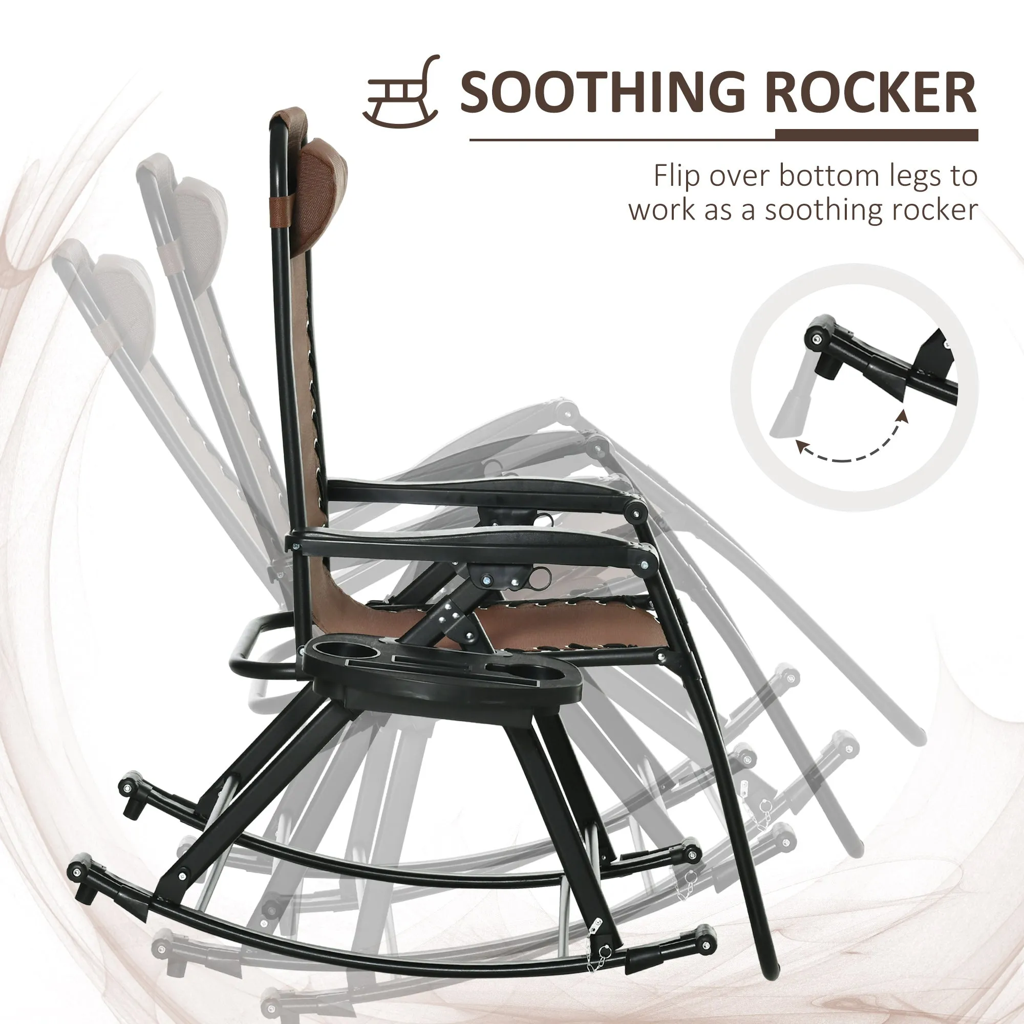 Set of 2 Foldable Reclining Zero Gravity Lounge Rockers w/ Pillow, Cup Holder, Brown