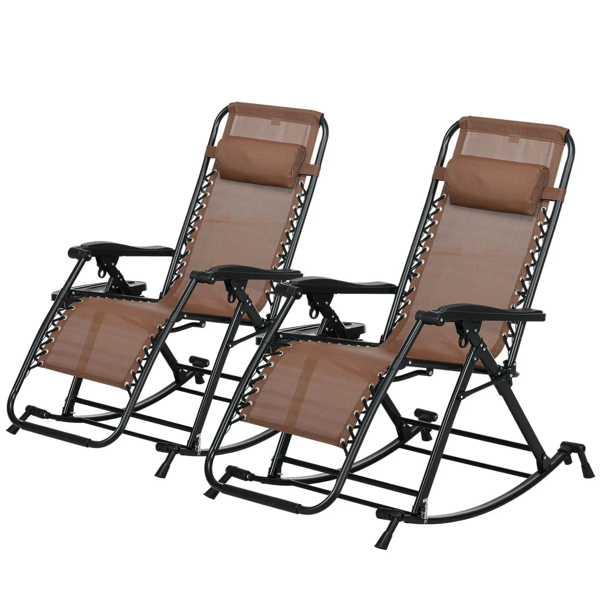 Set of 2 Foldable Reclining Zero Gravity Lounge Rockers w/ Pillow, Cup Holder, Brown