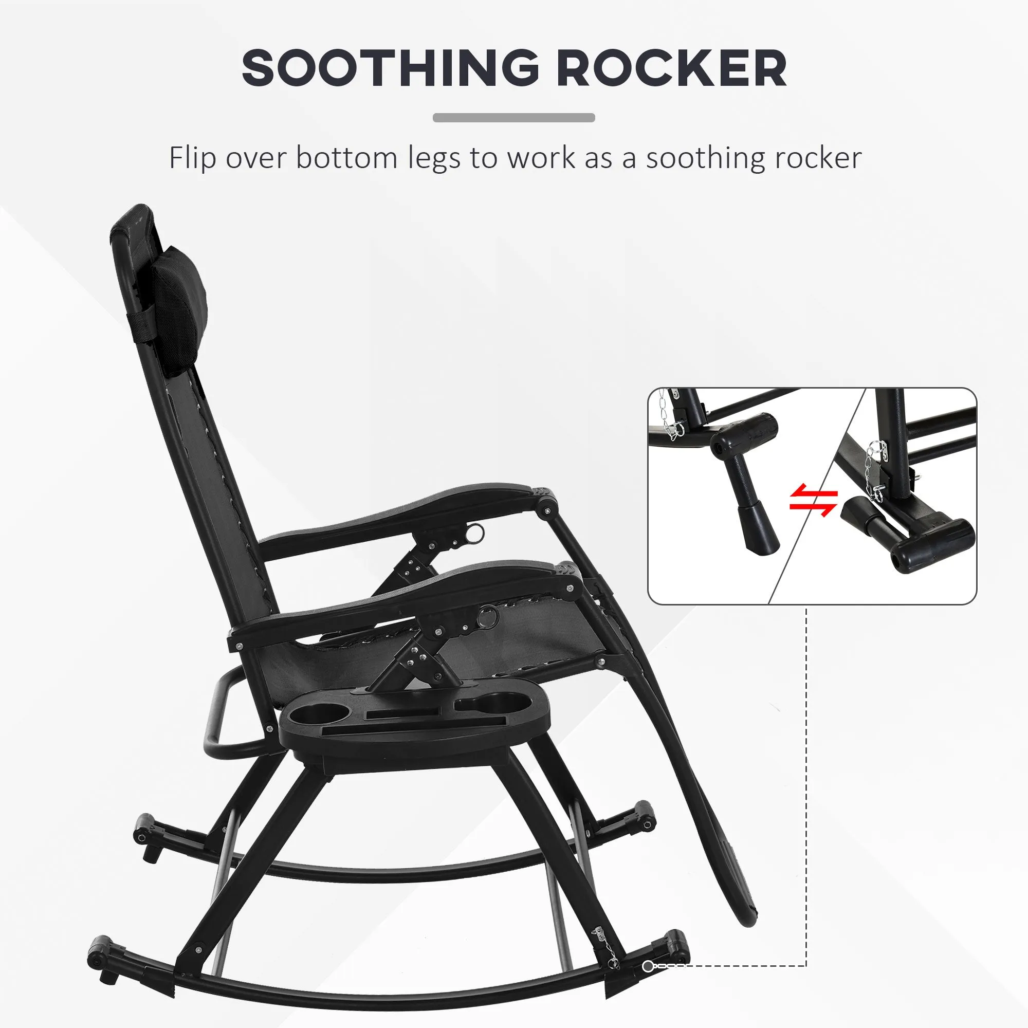 Set of 2 Foldable Zero Gravity Reclining Rocking Lounge Chair with Pillow, Black