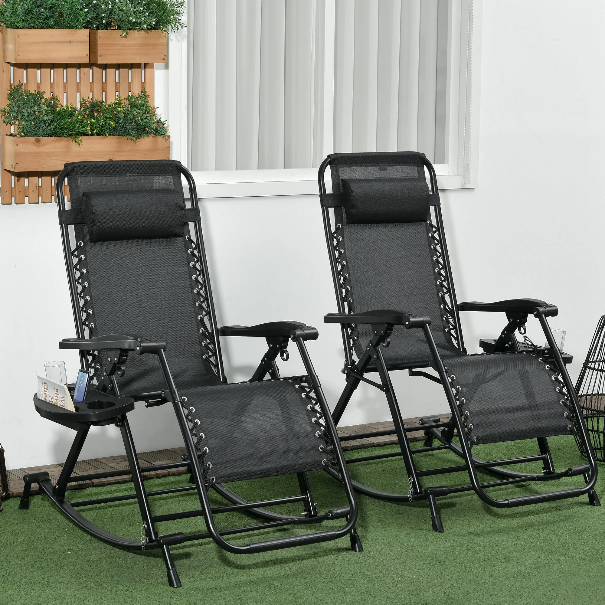 Set of 2 Foldable Zero Gravity Reclining Rocking Lounge Chair with Pillow, Black