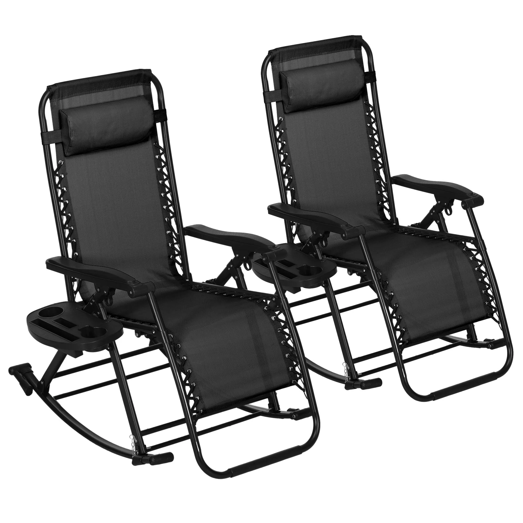 Set of 2 Foldable Zero Gravity Reclining Rocking Lounge Chair with Pillow, Black