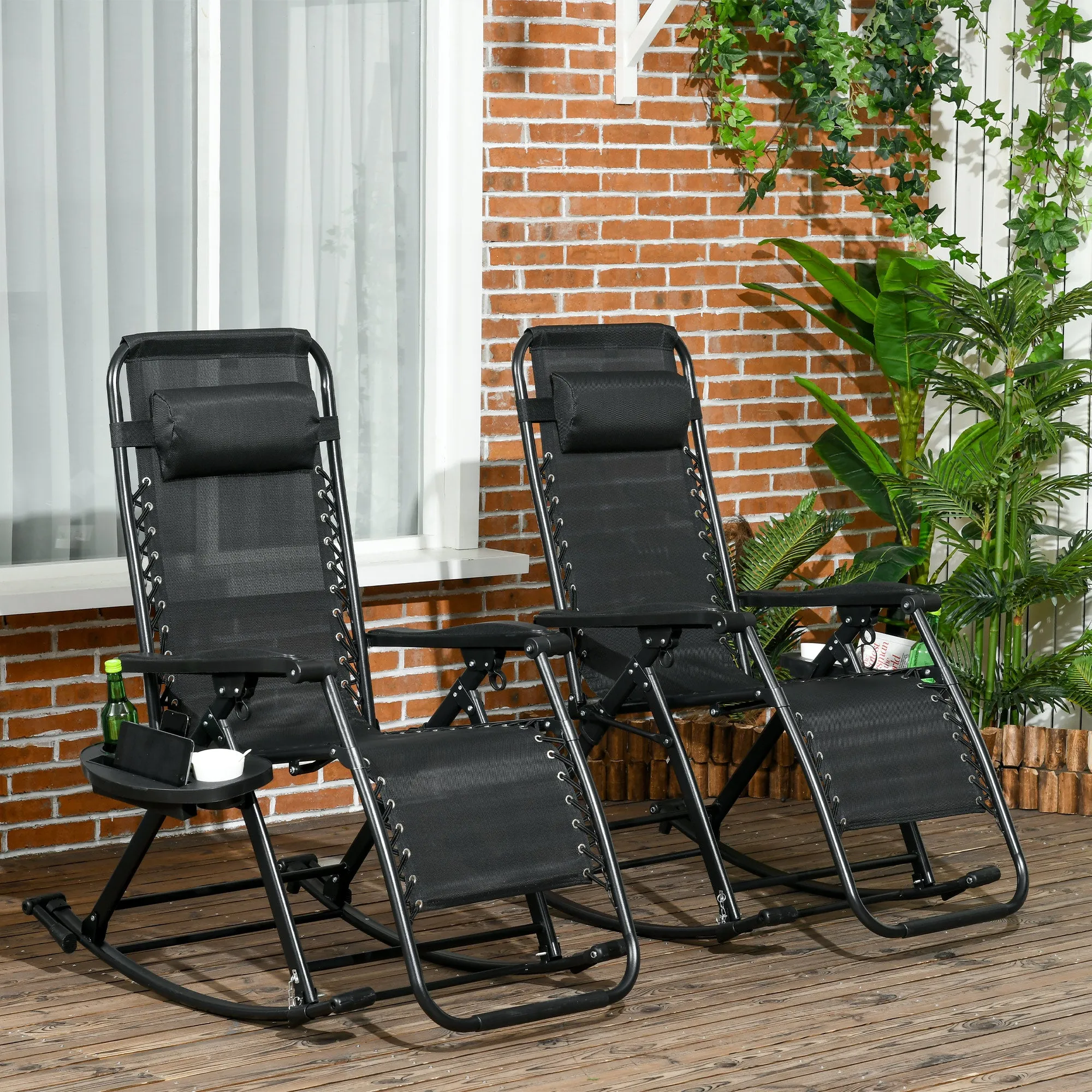 Set of 2 Foldable Zero Gravity Reclining Rocking Lounge Chair with Pillow, Black