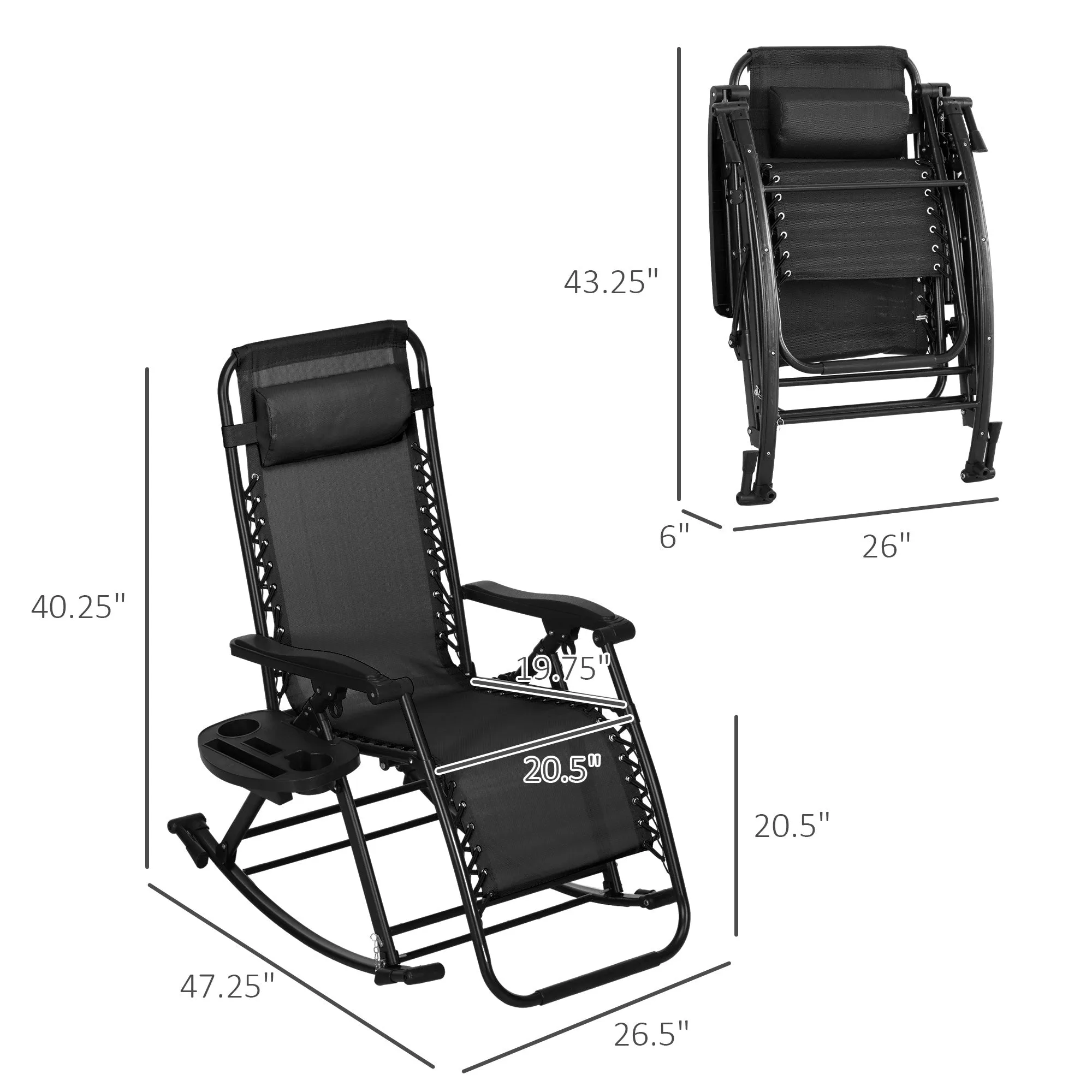 Set of 2 Foldable Zero Gravity Reclining Rocking Lounge Chair with Pillow, Black