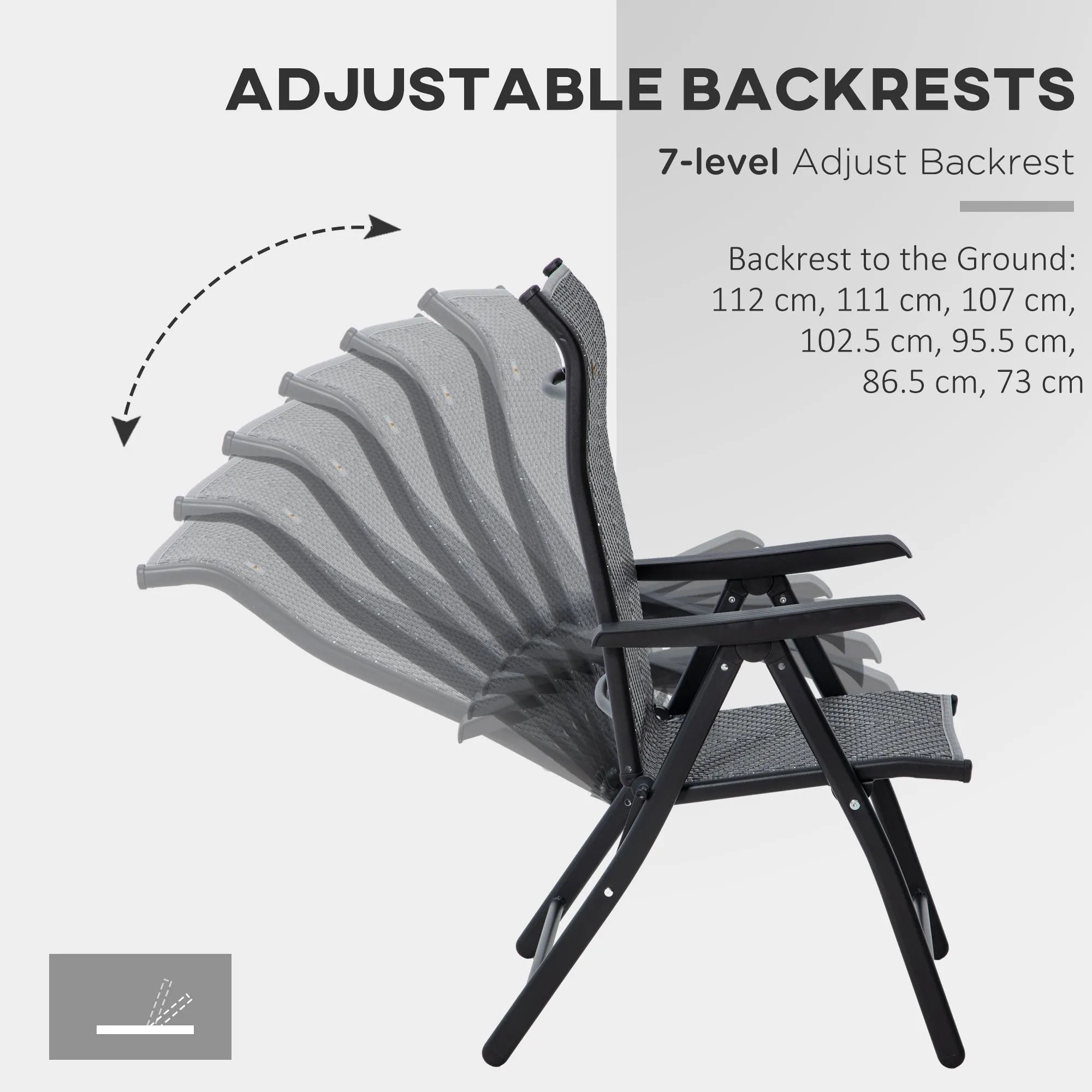 Set of 2 Outdoor Wicker Folding Chairs, Patio PE Rattan Dining Armrests Chair set with 7 Levels Adjustable Backrest, for Outdoors, Camping, Grey
