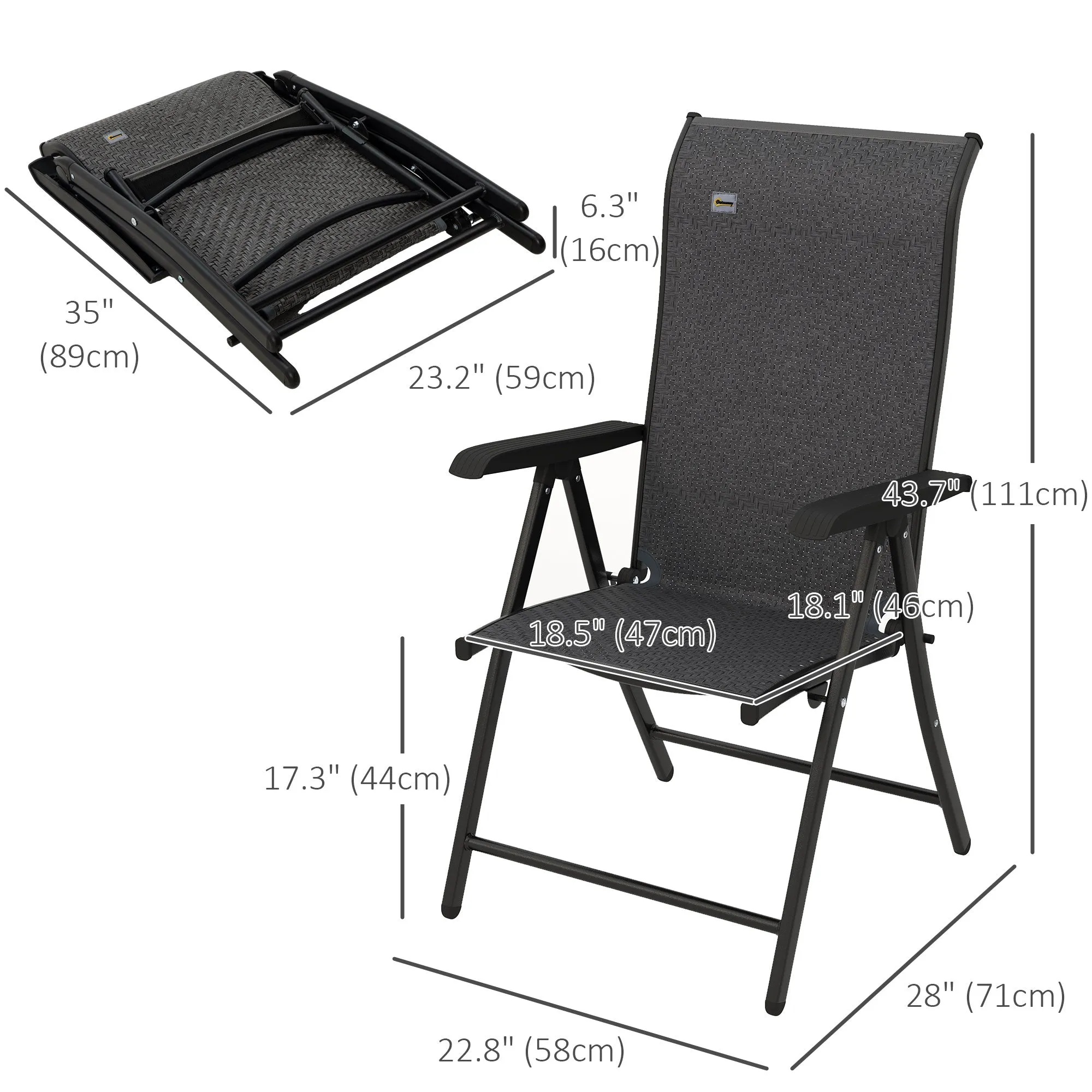 Set of 2 Outdoor Wicker Folding Chairs, Patio PE Rattan Dining Armrests Chair set with 7 Levels Adjustable Backrest, for Outdoors, Camping, Grey