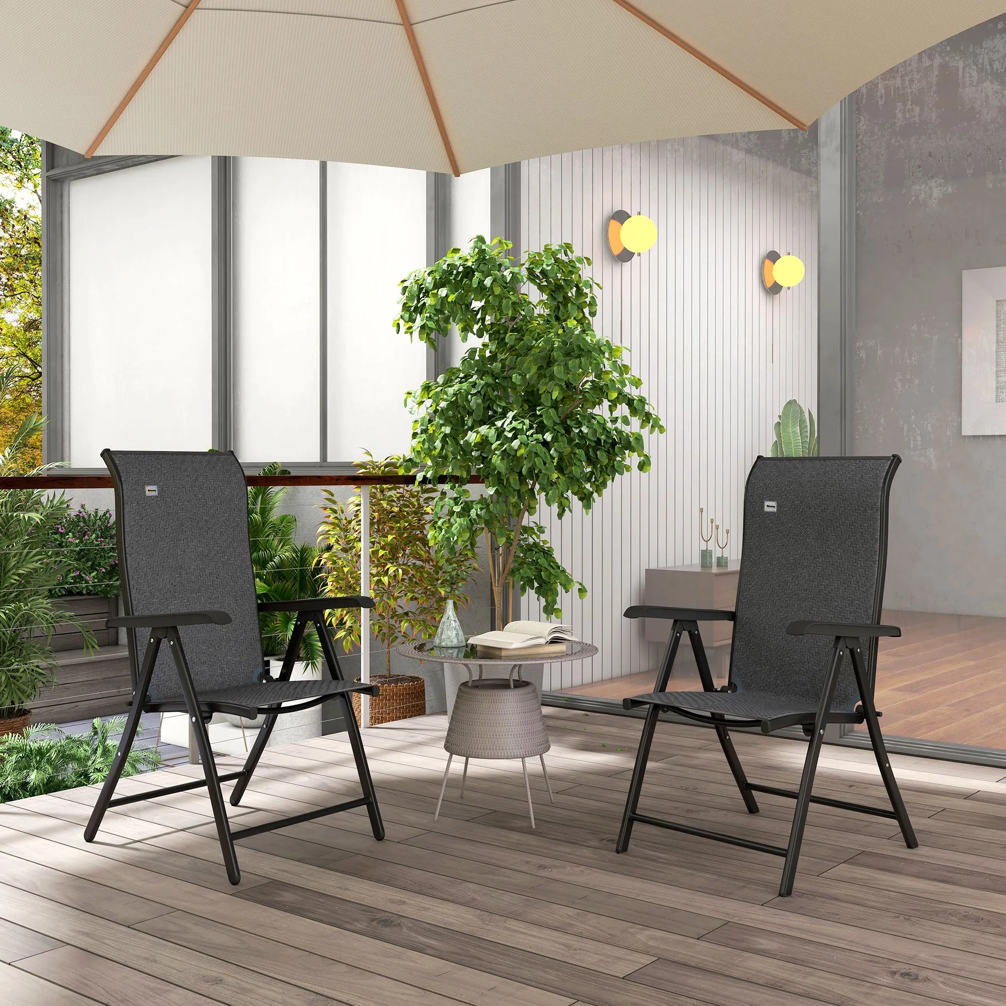 Set of 2 Outdoor Wicker Folding Chairs, Patio PE Rattan Dining Armrests Chair set with 7 Levels Adjustable Backrest, for Outdoors, Camping, Grey